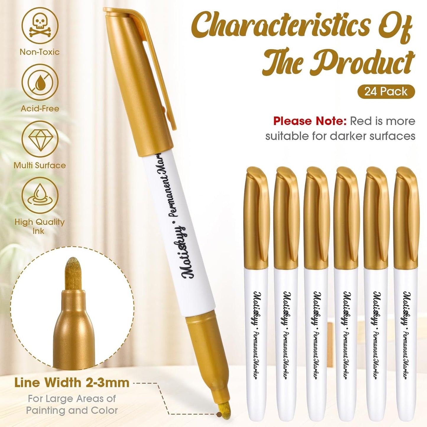 24 Pcs Metallic Permanent Markers Bulk Gold Fine Point Metallic Paint Markers for DIY Crafts, Gift Card Making, Artist Illustration (Gold)