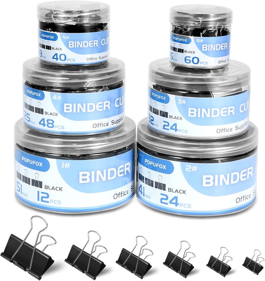 Binder Clips Assorted Sizes Including Extra Large Medium Small Mini and Micro, Office Supplies File Clamps Paper Clips, 6 Sizes in 6 Boxes, 208 PCS Metal Black Clamps for School