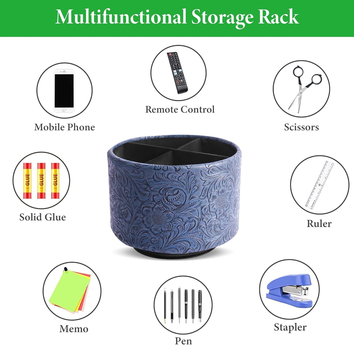 lizimandu Round Leather Art Supply Organizer,Remote Control Holder,360 Degree Spinning,Multi-Functional Pencil Holder,4 Compartments Desktop Stationary Organizer(1-Carved Dark Blue)