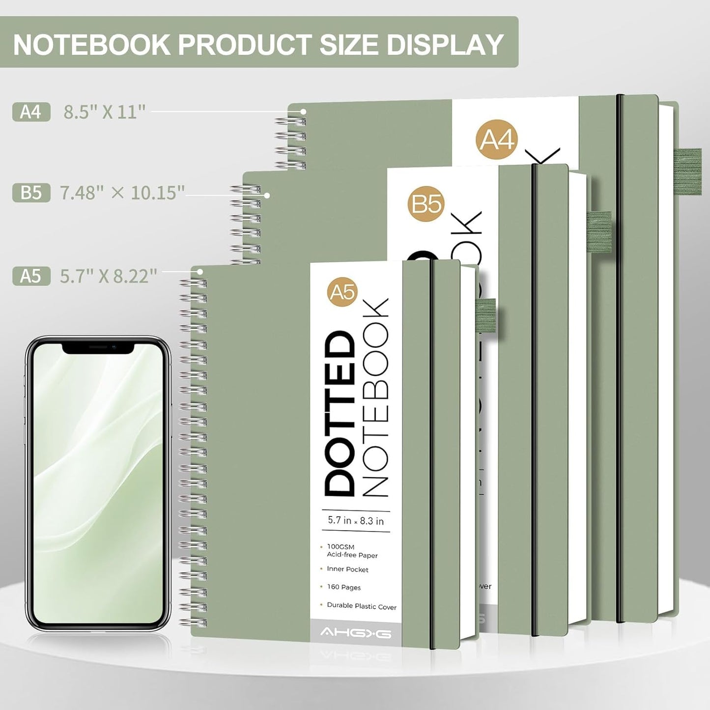 AHGXG Bullet Dotted Journal - Dot Grid Spiral Notebook 8.5" x 11", A4 Large Dotted Notebook, 100 GSM Thick Paper, Waterproof Plastic Cover Journals for Bullet Journaling, Sketching, Sage Green
