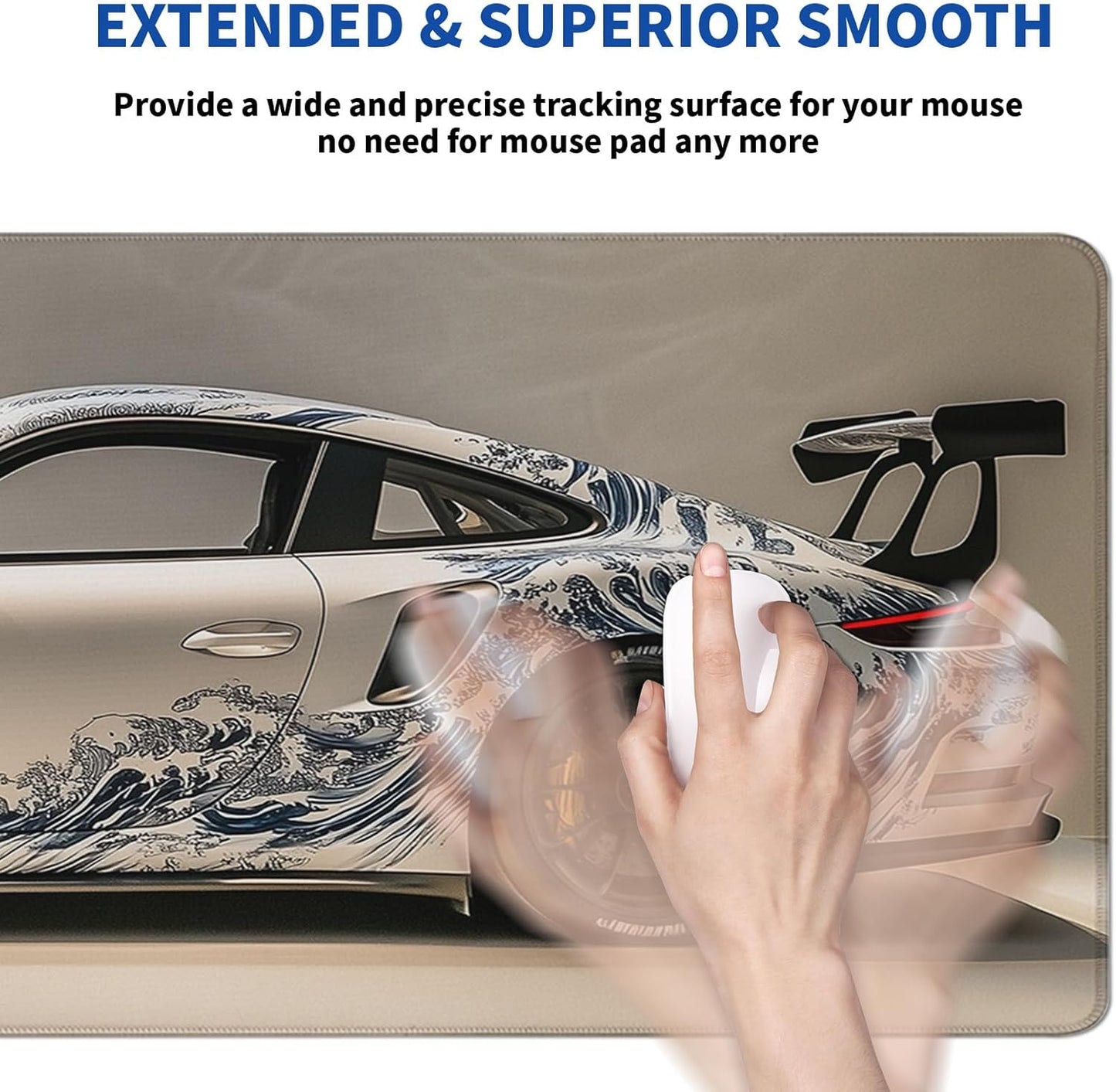 White Ukiyo-e Style Sports Car Mouse Pad Abstract White Mouse Pad 31.5x11.8 Inch Texture Non-Slip Rubber Base Large Mousepad Stitched Edges Keyboard Mouse Mat Desk Pad for Office