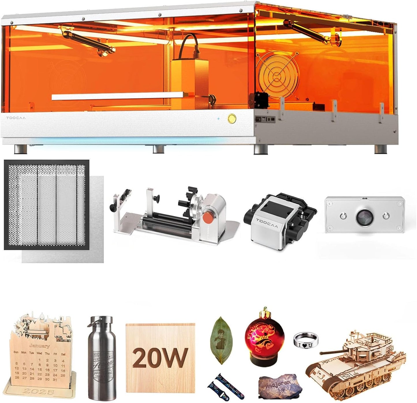 TOOCAA 20w Laser Engraver with 5 in 1 Rotary Roller Set, Smart Camera,Air Assist,Honeycomb Panel, 22" x 22" Bed Size,Safe Laser Engraving Cutting Machine Expert for Metal Tumblers Wood Acrylic