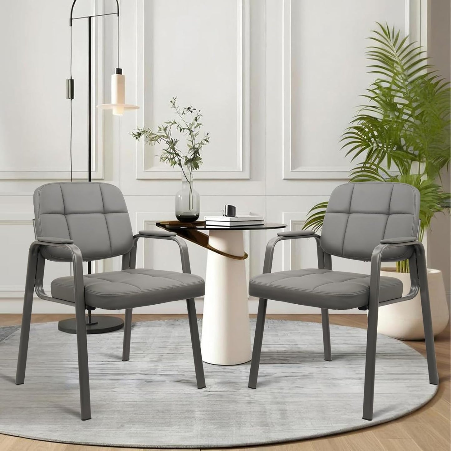 CLATINA Waiting Room Guest Chair with Bonded Leather Padded Arm Rest for Office Reception and Conference Desk(Grey 2 Pack)