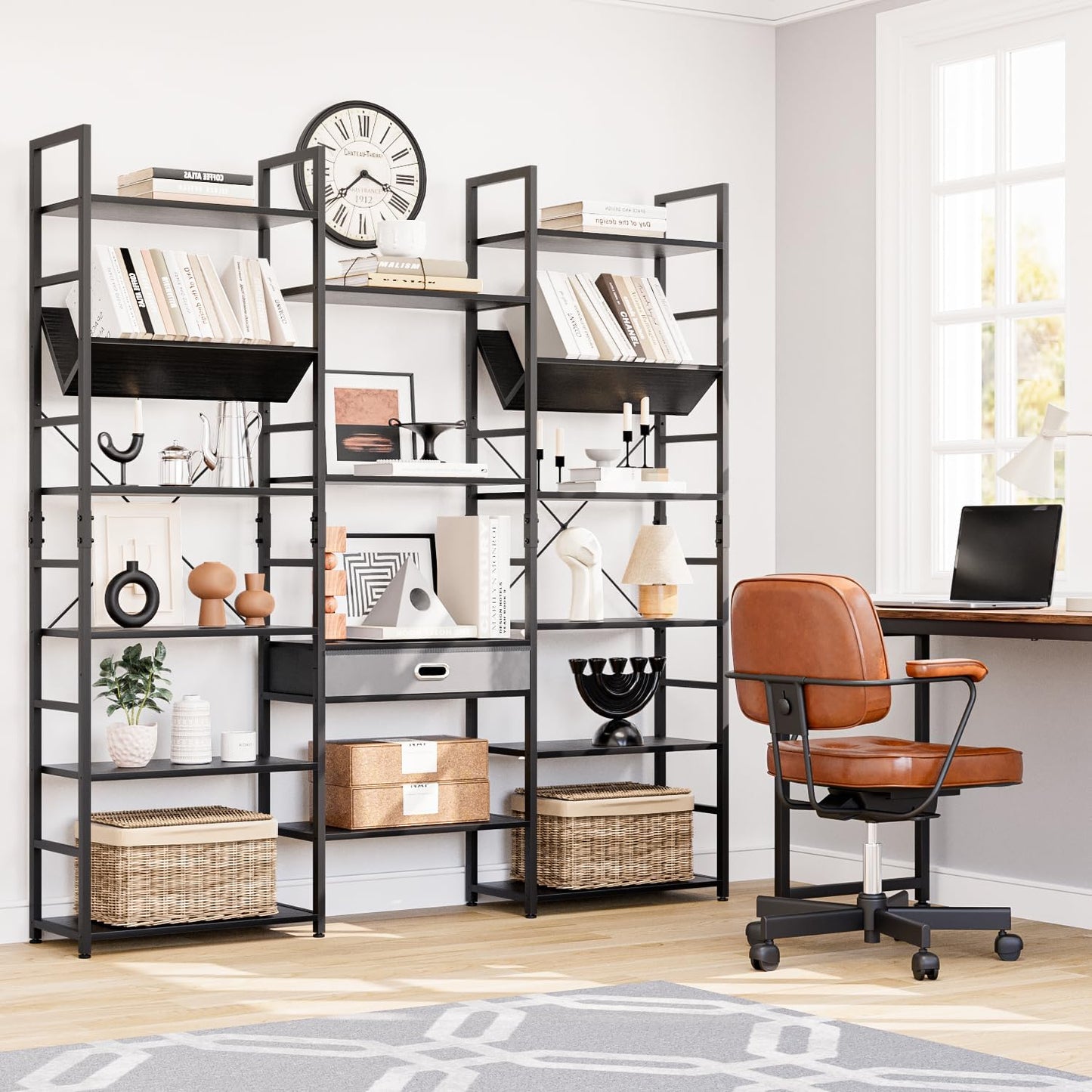 NUMENN Bookcases and Bookshelves Triple Wide 6 Tier Bookshelf, Large Etagere Bookshelf with Storage Drawer, Adjustable Open Display Shelves for Living Room Bedroom Home Office, Black