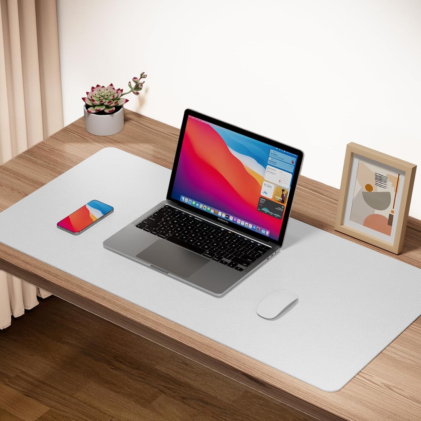 Boutilon Leather Desk Pad Protector,Non-Slip Mouse Pad,Laptop Desk Pad,Office Mouse Mat,Waterproof Leather Desk Blotter,Desk Writing Pad for Office and Home (L-White,35"x 17")