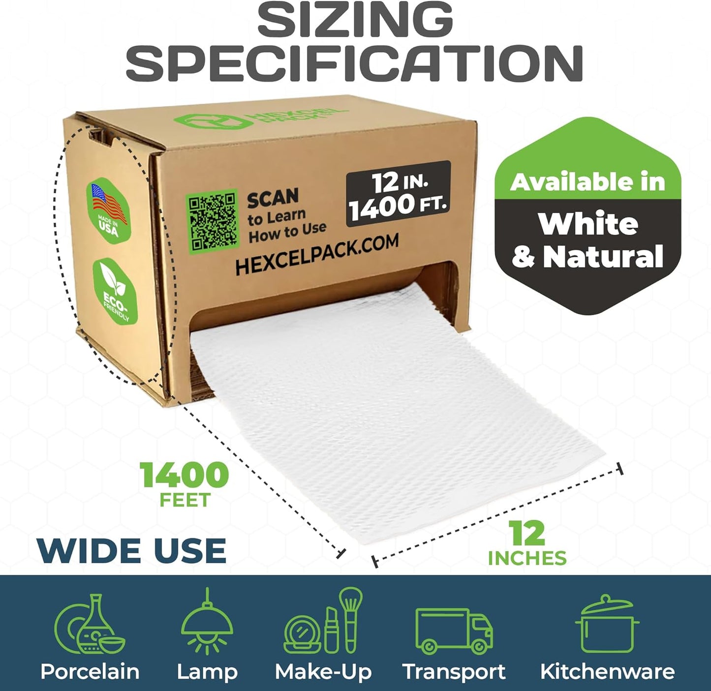 HexcelWrap Mini - Honeycomb Packing Paper, Eco-Friendly, Sustainable Paper Bubble Wrap for Shipping & Moving, Cushioned Packing Material in Easy Self-Dispenser Box - White, 12" x 1400'