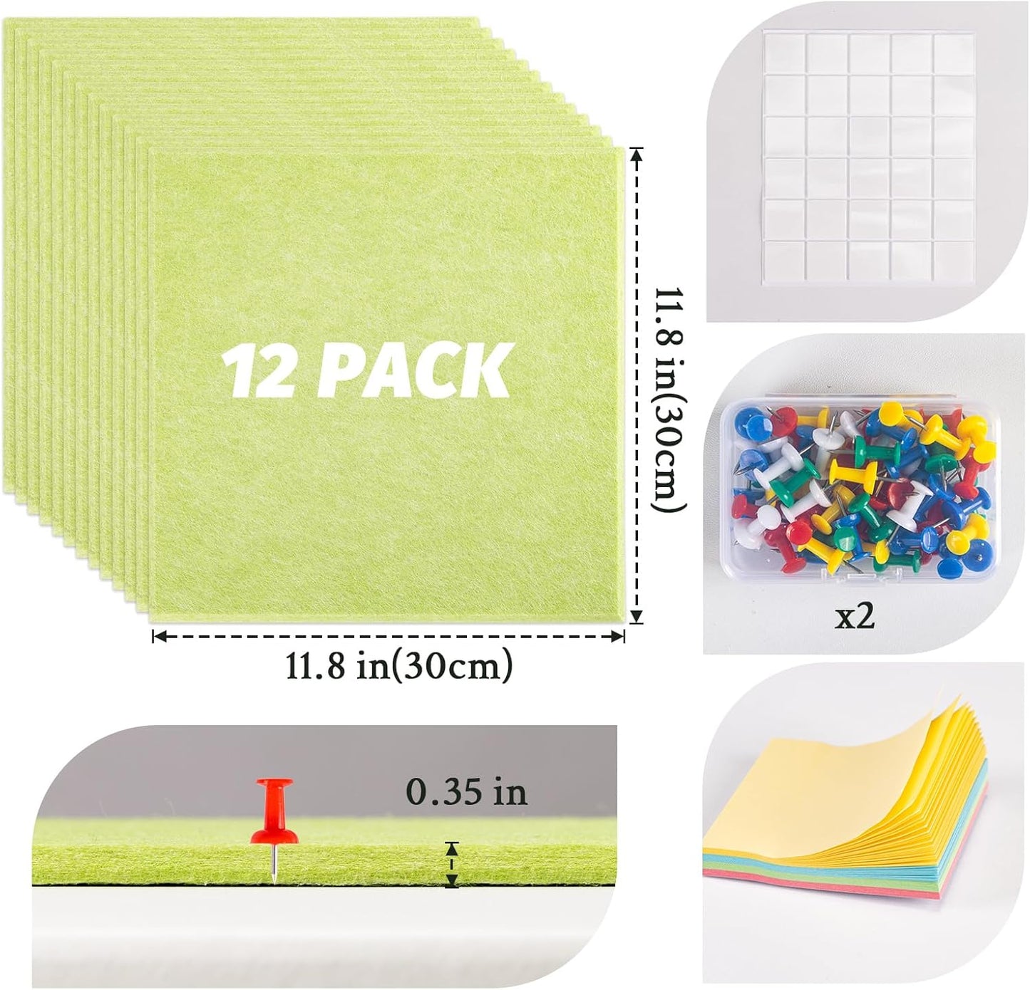 Large Cork Board Alternative, 12 Pack Felt Board with Safe Removable Adhesive Tabs Felt Wall Tiles, Large Cork Boards for Walls, Cork Board for Home Office, Pin Boards for Walls, Green