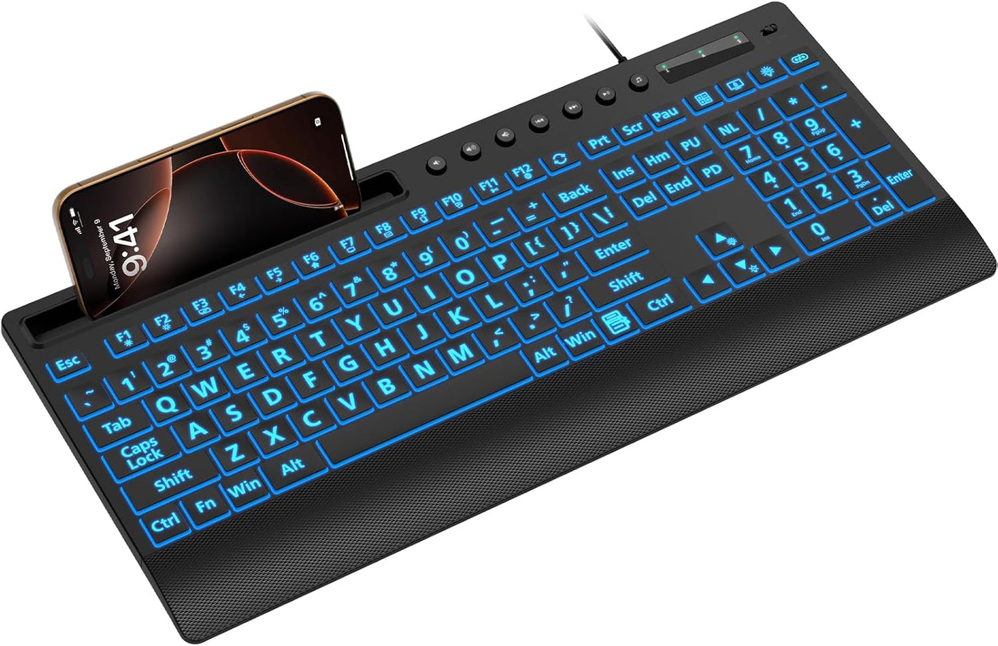 SABLUTE Large Print Backlit Keyboard, USB Wired Computer Keyboard with Backlight Memory Function, Wrist Palm, 7-Color Lighted Office Home Keyboards,Light Up Keyboard for Windows Desktop, Laptop, PC