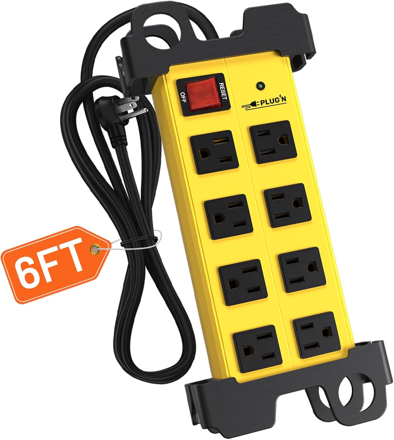 Plug'n 8 Outlet Heavy Duty Power Strip,Wide Spacing,Workshop Surge Protector 2700J with 6FT Extension Cord,Industrial Metal Power Strip 15Amp,Yellow Wall Mount Power for Garage,Office
