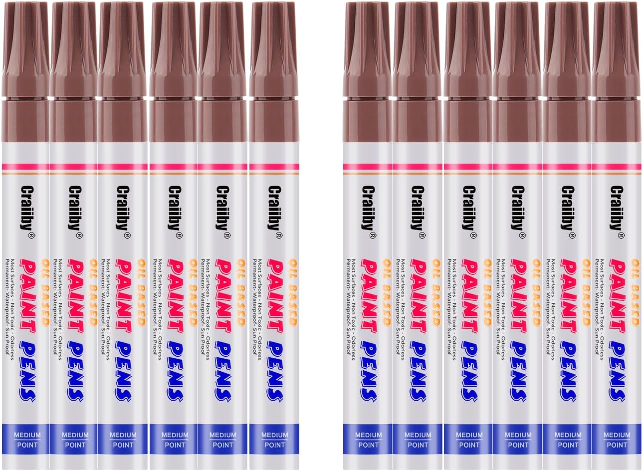 Brown Paint Markers, 12 Pack Oil-Based Waterproof Quick Dry Permanent Paint Pen Set for Rocks Painting, Wood, Fabric, Plastic, Canvas, Glass, Mugs, Metal, Tire, Stone, DIY Craft
