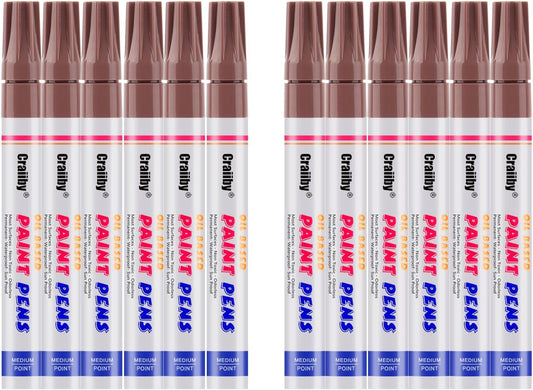 Brown Paint Markers, 12 Pack Oil-Based Waterproof Quick Dry Permanent Paint Pen Set for Rocks Painting, Wood, Fabric, Plastic, Canvas, Glass, Mugs, Metal, Tire, Stone, DIY Craft
