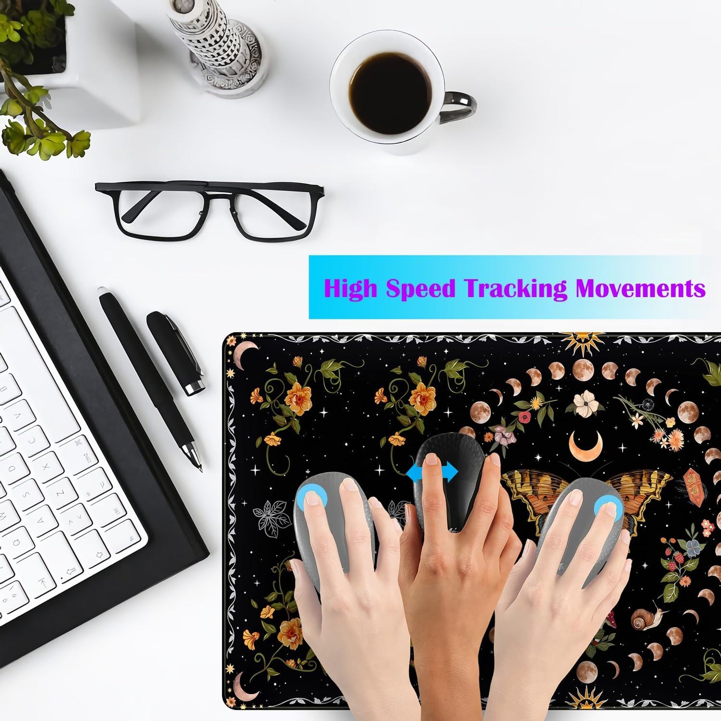 Moth Desk Pad Mushroom Phase Moon Phase Desk Mat, Boho Flowers and Leaves Computer Big Mouse Pad Washable Cloth Non-Slip Rubber Base Keyboard Pad Mouse Mat for Office with Stitched Eges 31.5x15.7 in