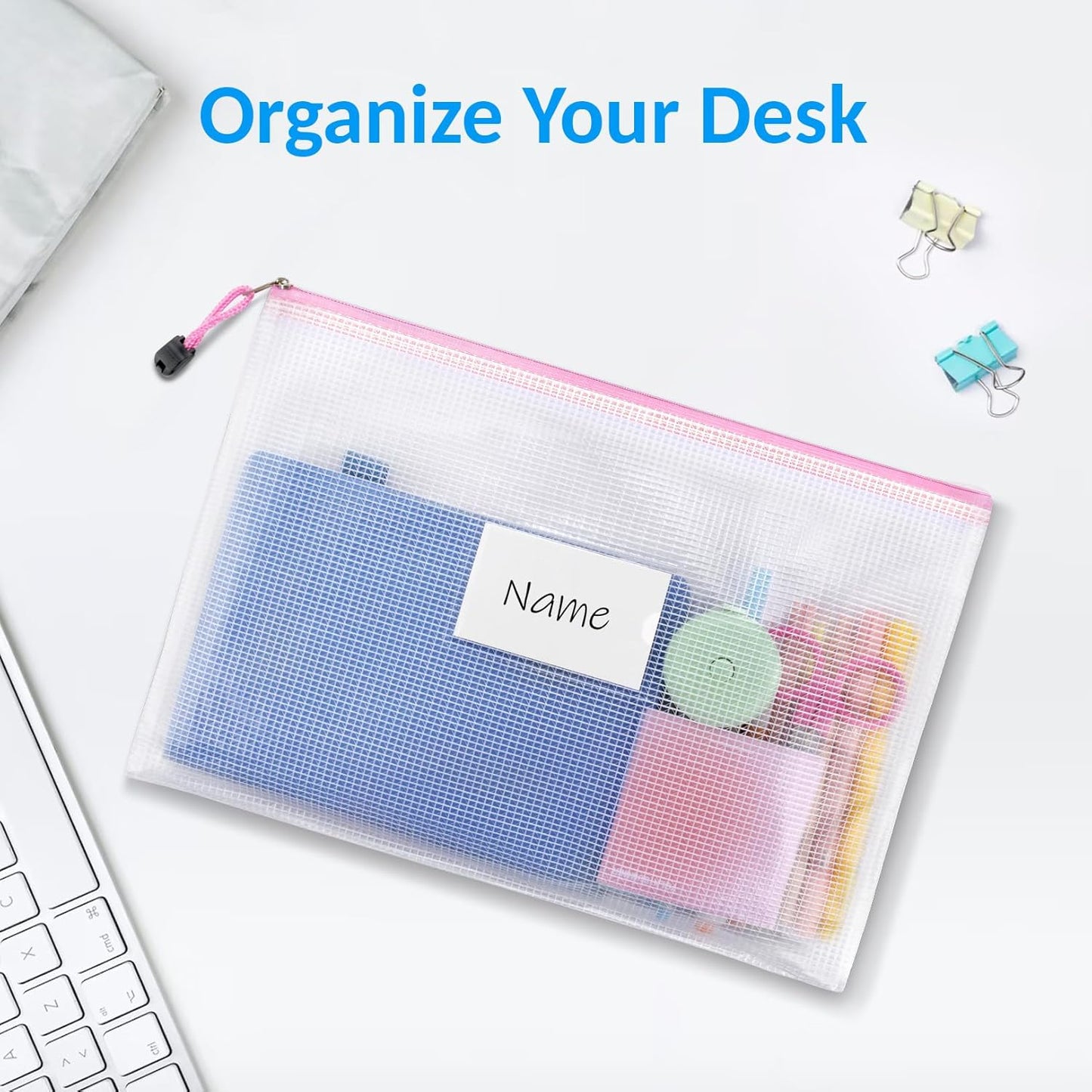 Sooez 14 Pack Mesh Zipper Pouch Bags, A4 Letter Size, Zipper Bags with Label Pocket, Waterproof Pouches for Classroom Organization, Board Game Storage, Document Bag for Teacher School Office Supplies