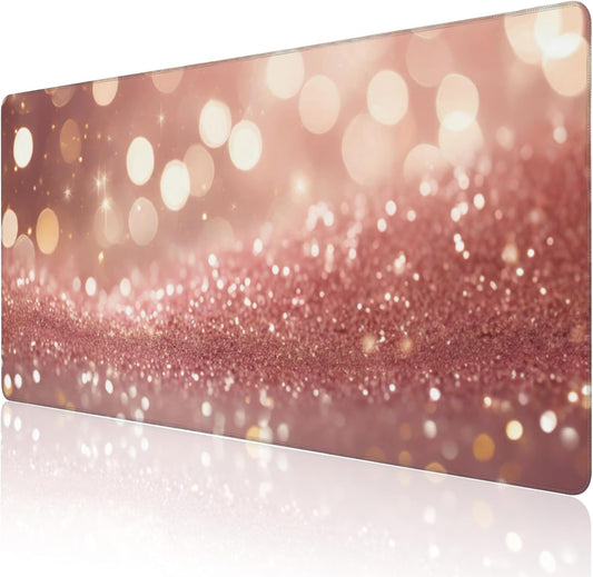 Extended Large Gaming Mouse Pad, Rose Pink Glitter Large Desk Mat for Desktop XXL, Non-Slip Rubber Base Stitched Edges Long Computer Keyboard Desk Pad Mouse Mat for Gaming Home Office 35.4"X15.7"