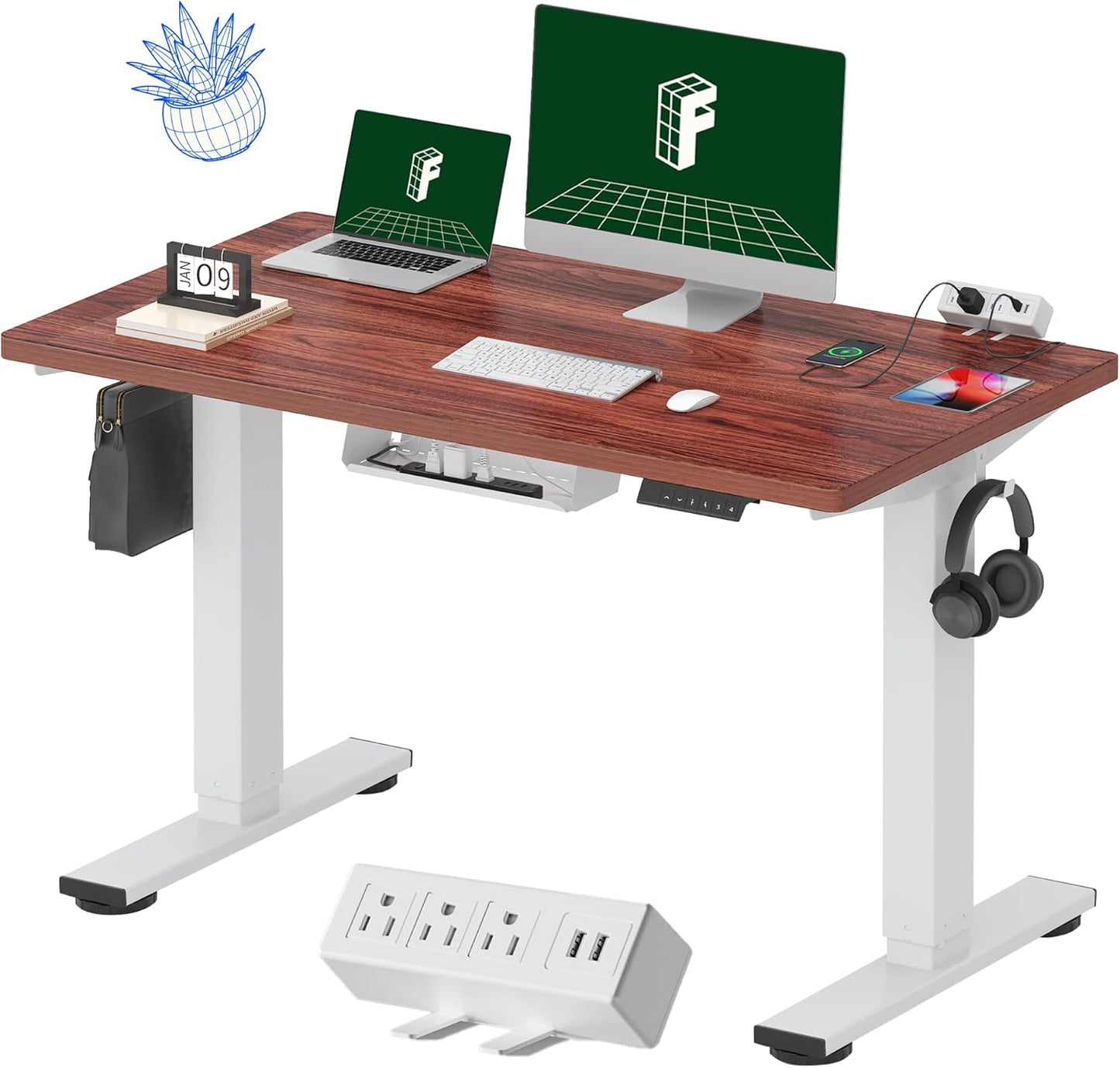 FLEXISPOT EN2 Whole-Piece Standing Desk with Clamp Power Strip, 48 x 24 Electric Stand Up Height Adjustable Desk with Cable Management (White Frame + 48" Mahogany Desktop, 2 Packages)