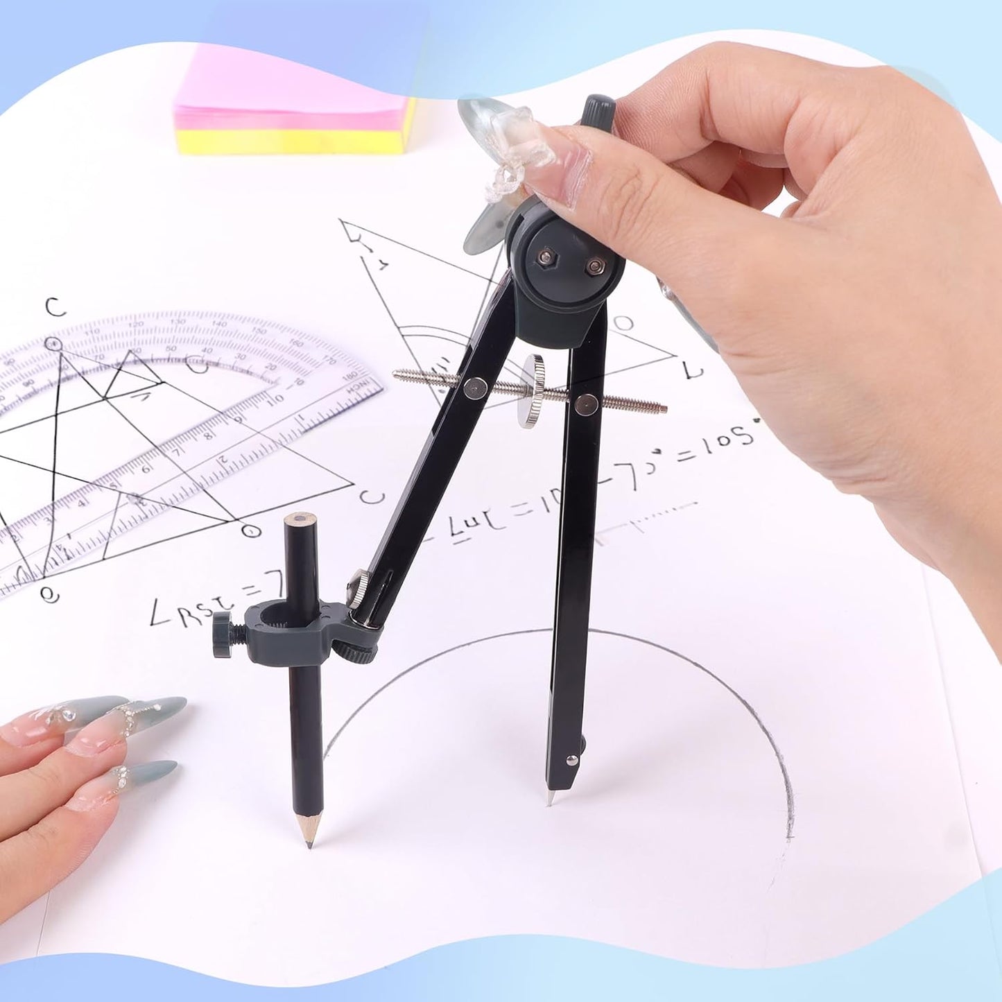 Professional Compass for Geometry Set, Metal Compass with Wheel and Lock for Geometry, Drawing Compass Tool, Circle Drafting Tool, and 6 Inch Math Protractors 180 Degree (Silver)
