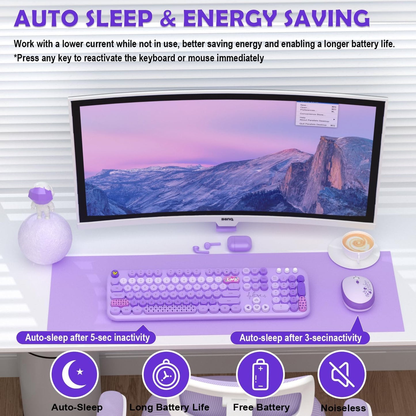MOFII Keyboard and Mouse Wireless, 104 Round Keys Lovely Full-Size Cute Colorful Keyboard and Mouse with Retro Typewriter for PC/Mac/Laptop/Tablet/Computer/Windows Purple