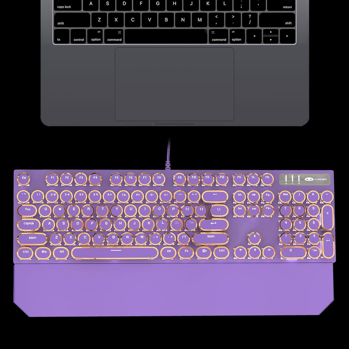 Camiysn Typewriter Style Mechanical Gaming Keyboard, Purple Retro Punk Gaming Keyboard with White Backlit, 104 Keys Blue Switch Wired Cute Keyboards, Round Keycaps for Windows/Mac/PC