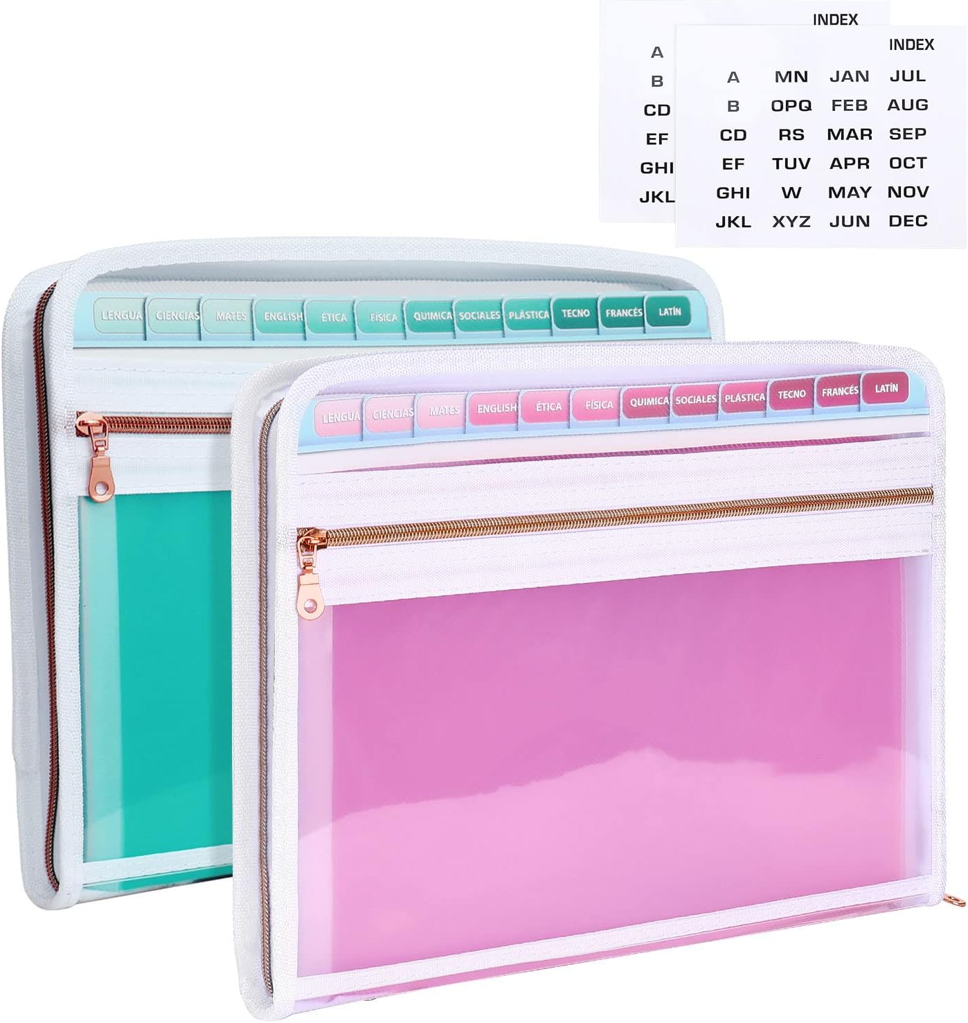 MEGREZ Expanding File Folder with 13 Pockets, 2 Pack A4 Paper File Folder with Zipper Color Labels, Waterproof Accordion File Folder Organizer for Home Office, Green & Pink