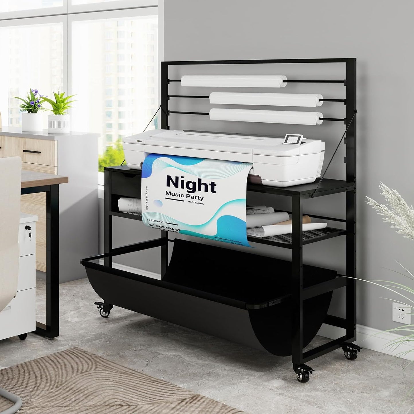 Natwind Wide Format Printer Stand, Plotter Workbench Table with Pull-Out Drafting Storage, Roll Paper Holder, Accessory Drawer, Adjustable Storage Shelf for Plotters and Cutting Machines (Black)