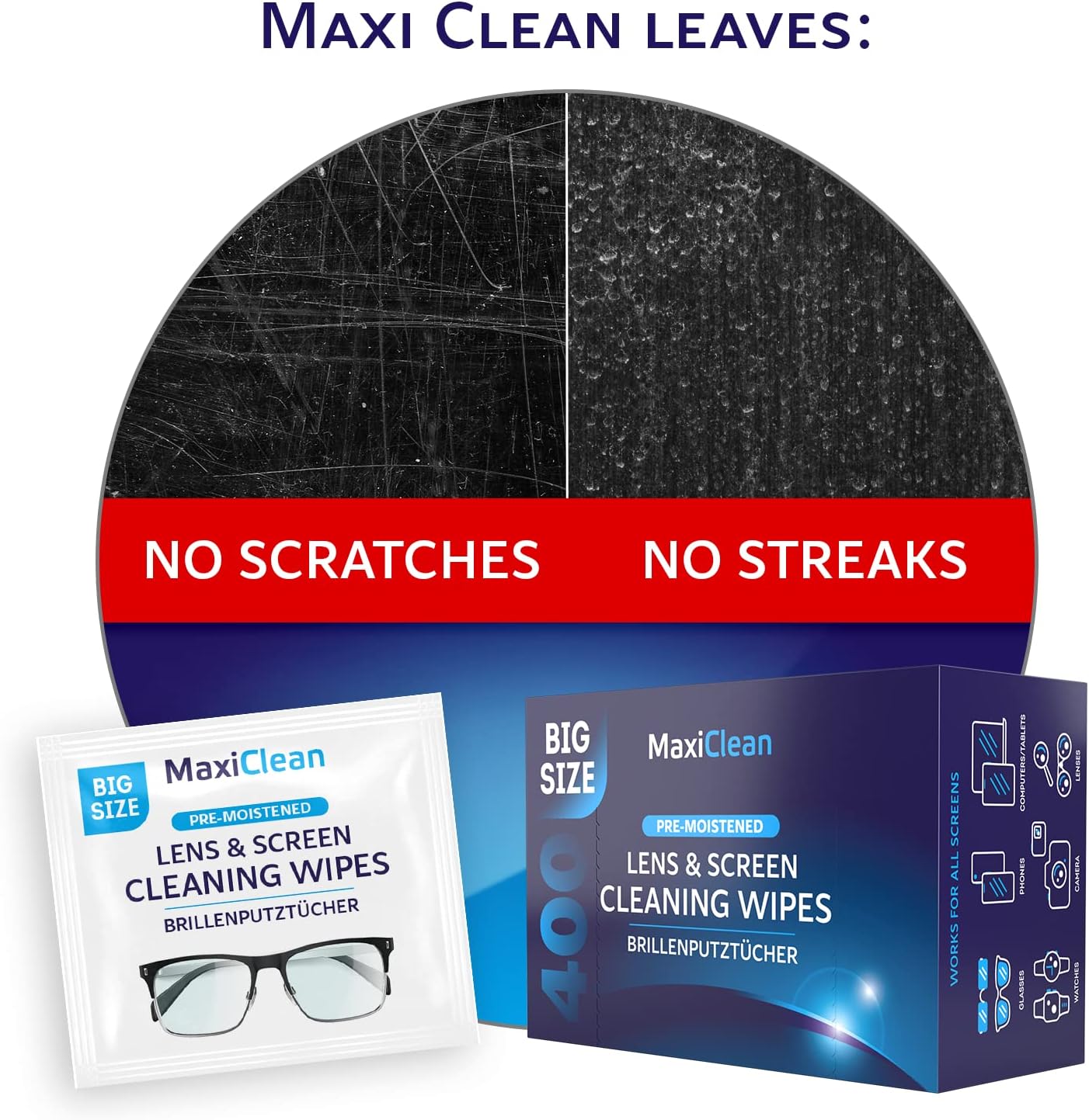 Glasses Wipes Lens Cleaner - Lens Wipes for Eyeglasses - 400 Pre-moistened Individually Wrapped Wipes for Eye Glasses, Electronics, Phone, Computer, Laptop Screen - Camera Lens Cleaner - Made in EU
