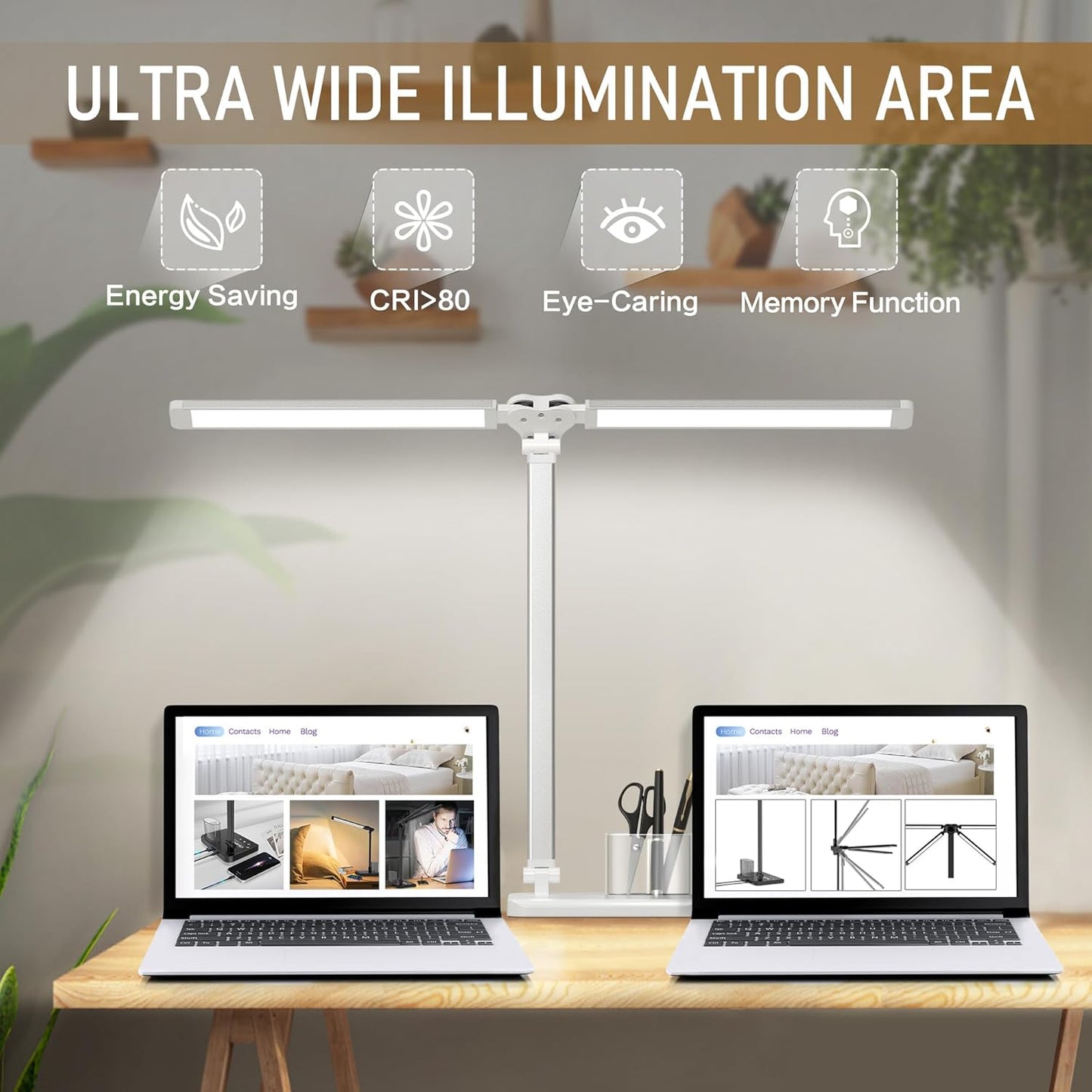 LED Desk Lamp Dimmable Table Lamp with USB Charging Port, 50 Lighting Modes, Adjustable Foldable Dual Swing Arm Architect Desk Lamp for Home Office, Eye-Caring Reading Lamp w/ Pen Holder 45min Timer