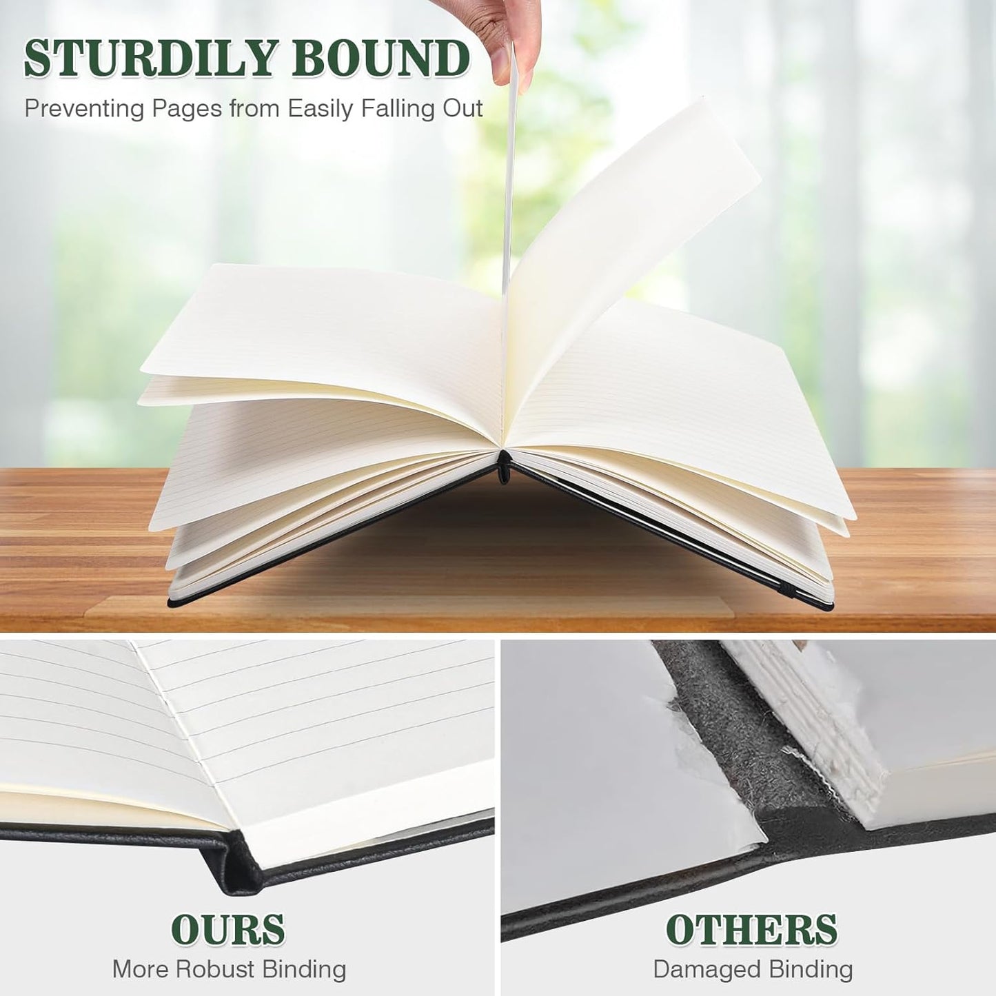 Lined Journal Notebook, 3 Pack A5 College Ruled Notebooks for Work, Hardcover Notebook Each with 2 Pockets & Pen, Leather Journal for Women, Men, 160 Pages, 100GSM Thick Paper (Green, Red, Black)