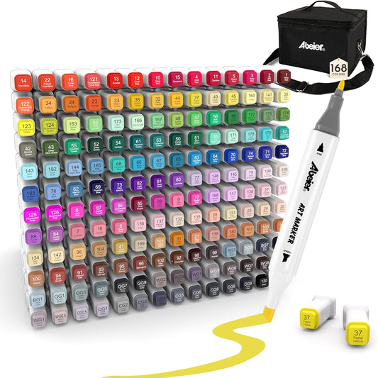 ABEIER Alcohol Markers, 168 Colors Dual Tip (Fine & Chisel) Art, Coloring Markers for Adults Kid, Ideal for Book Drawing Sketching Painting, Card Making, Includes 1 Colorless Blender
