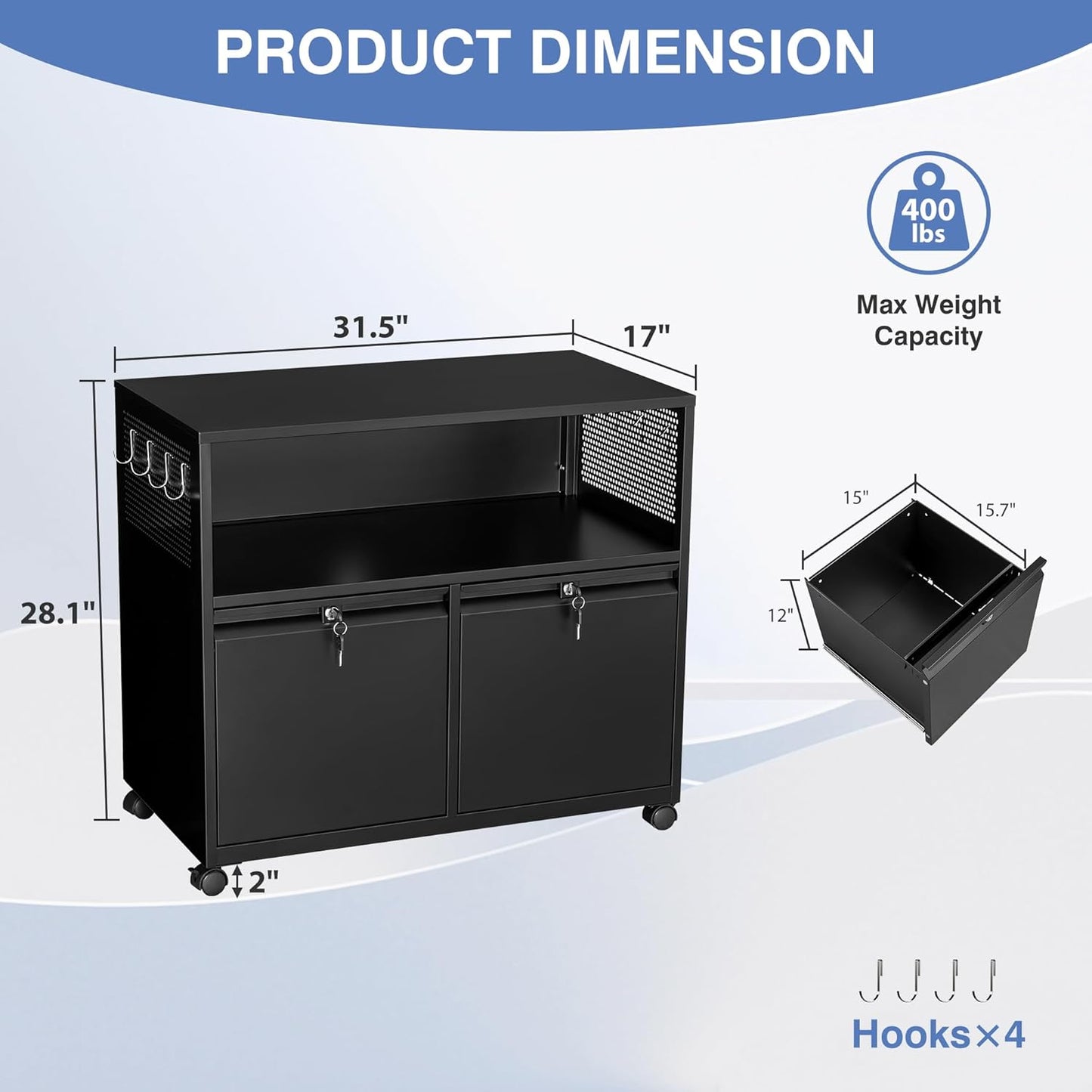Metal File Cabinet,2 Drawer Filing Cabinet with Lock,Rolling Printer Stand Storage Cabinets with Shelves for Home Office Letter/Legal/A4 Size Files(Black)