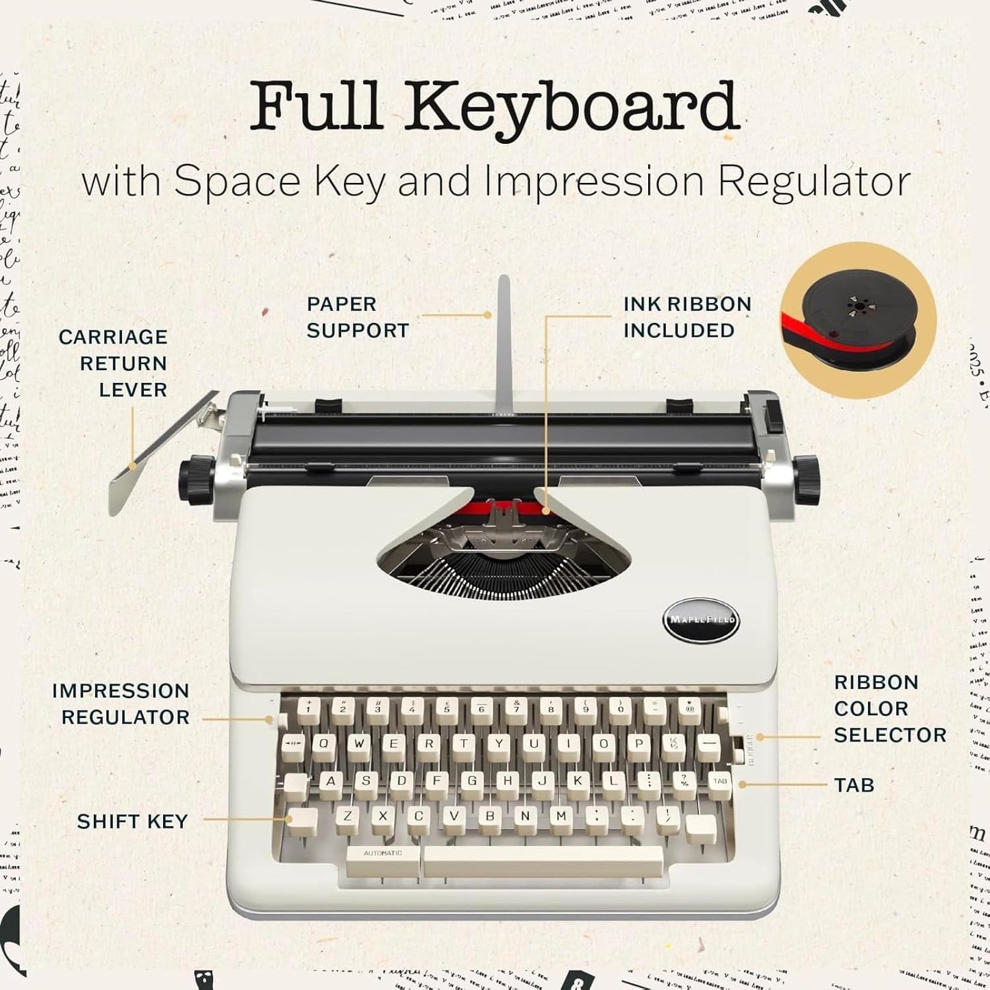 Maplefield Classic Portable Manual Typewriter - Cream, 8 x 11 in Paper - Word Processor Function & Typewriter Ribbon Included - Home Office & Office Decor