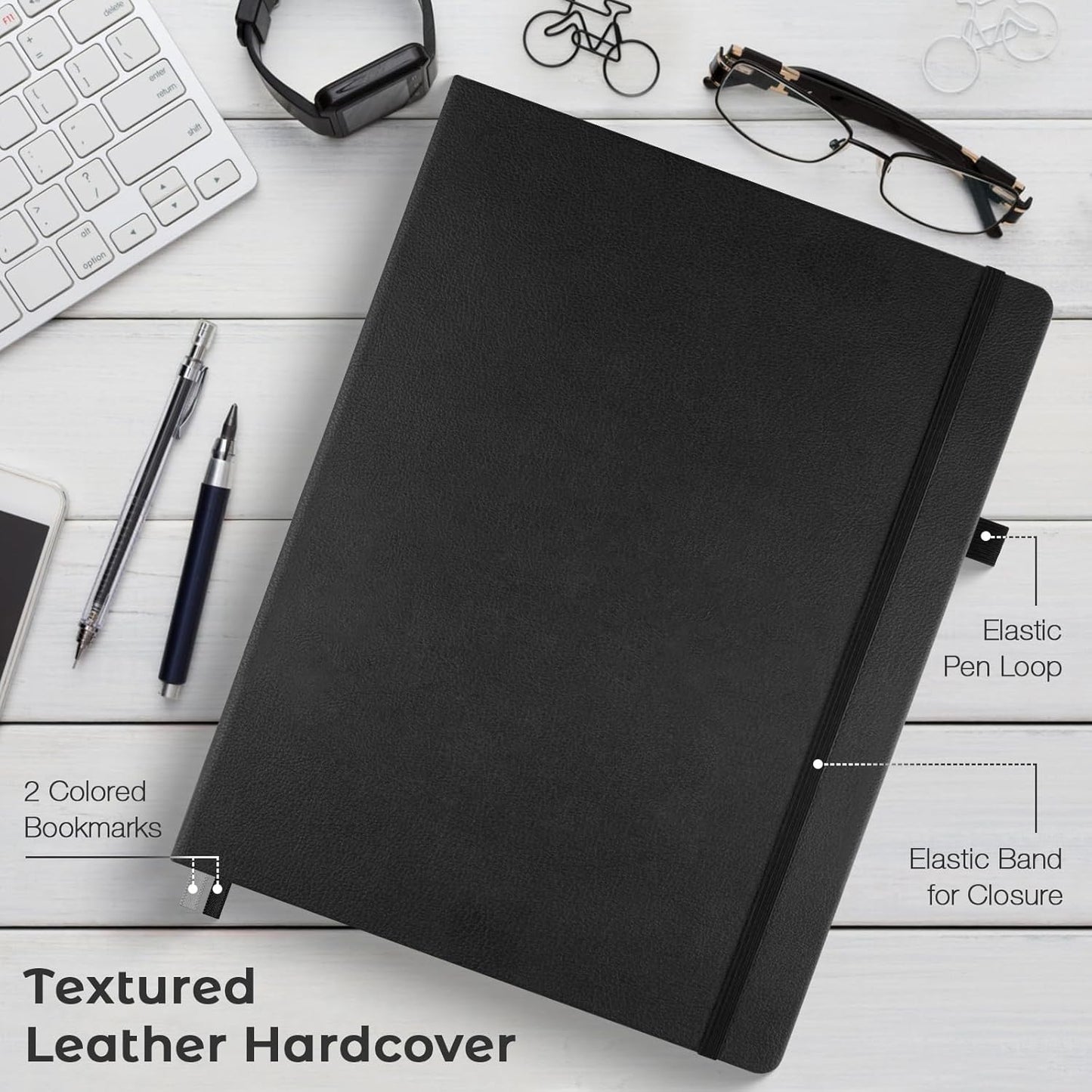 Dotted Journal, Hardcover Notebook 8.5 x 11, Dot Grid Notebook Journal for Women, Men, Large Leather Journals for Writing, Bullet, No Bleed Thick Paper, A4 Notebooks for Work, School, Notes, Black