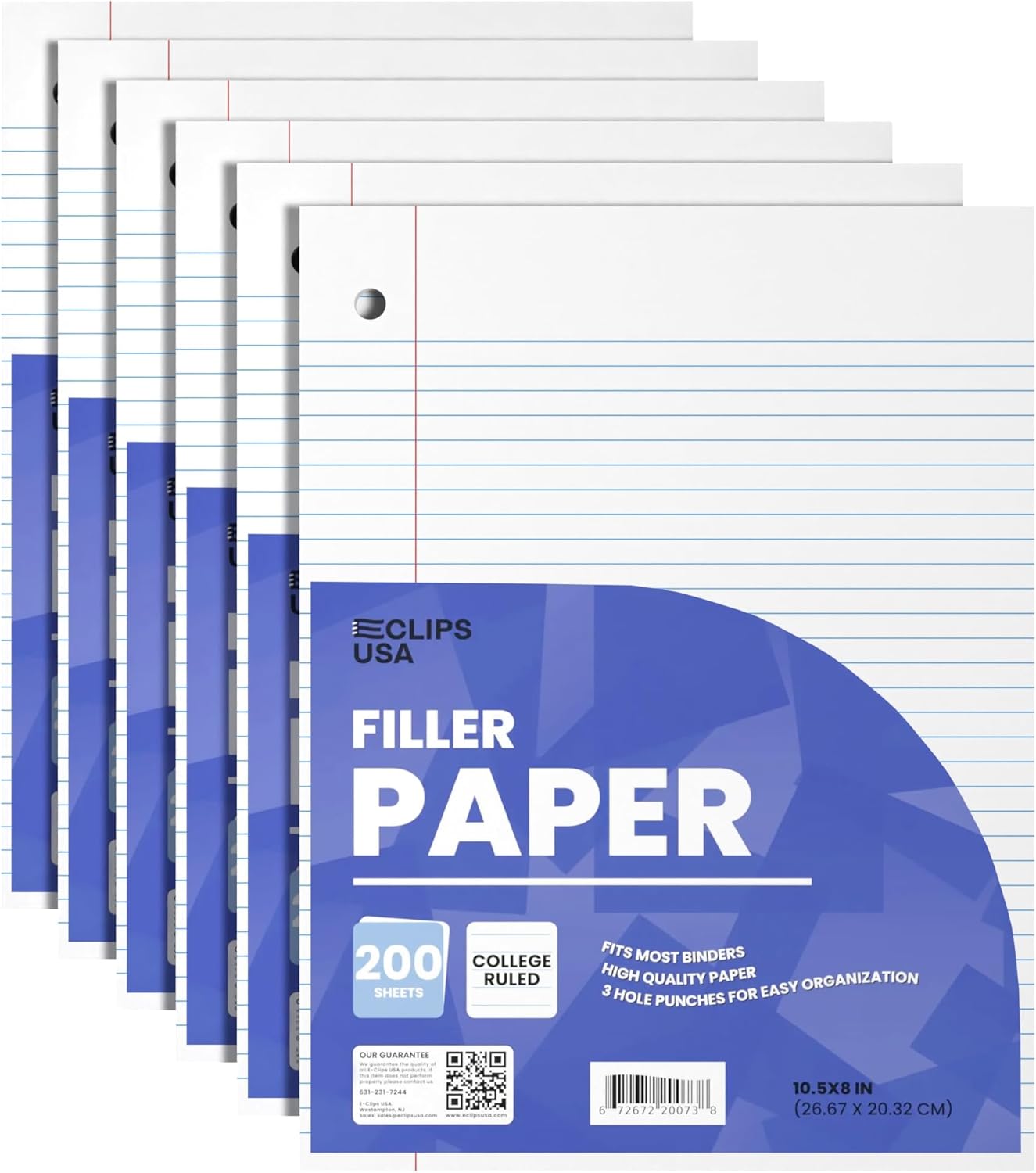 Notebook Paper, College Ruled Loose Leaf Paper (6 Pack), Filler Paper, 10.5” x 8”, Filler Paper, 200 Sheets Per Pack, 60 gsm (6 Pack)