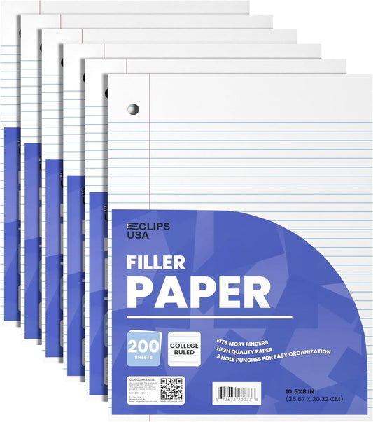 Notebook Paper, College Ruled Loose Leaf Paper (6 Pack), Filler Paper, 10.5” x 8”, Filler Paper, 200 Sheets Per Pack, 60 gsm (6 Pack)