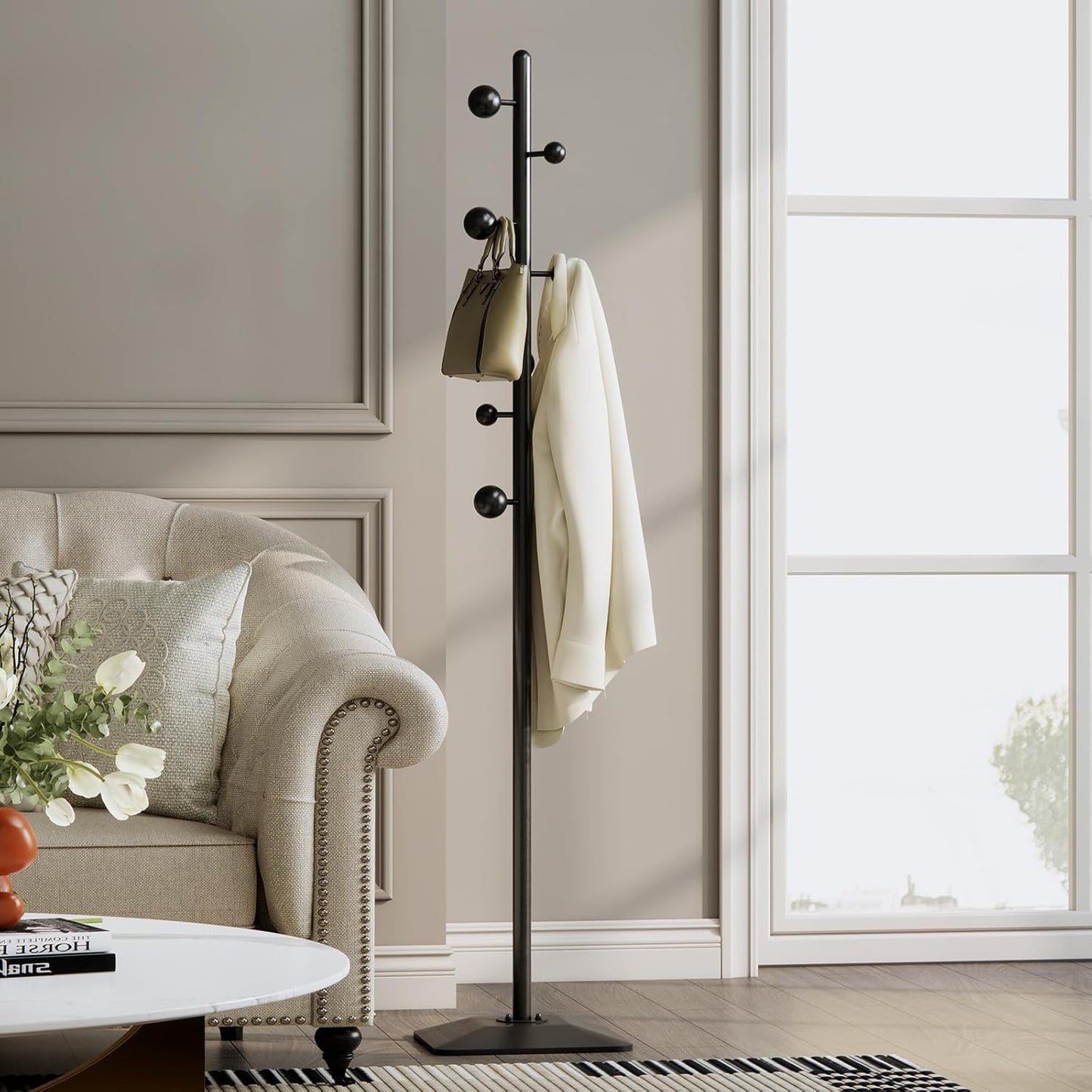 Metal coat rack stand with geometric shape metal base,Heavy duty coat rack freestanding with 7 ball hooks,Coat racks tree hats hanger holder stand for entryway, hallway, bedroom