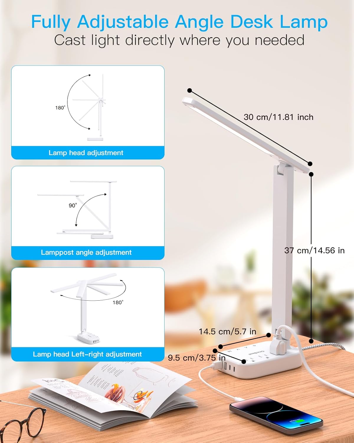 Power Strip with LED Desk Lamp, 3 Outlets 4 USB Ports(2 USBC) 4 Modes 5 Level Touch Lamp Small Desk Lamp for Home Office Bedroom Bedside, Study Reading Light, 5ft Extension Cord, Dorm Room Essentials