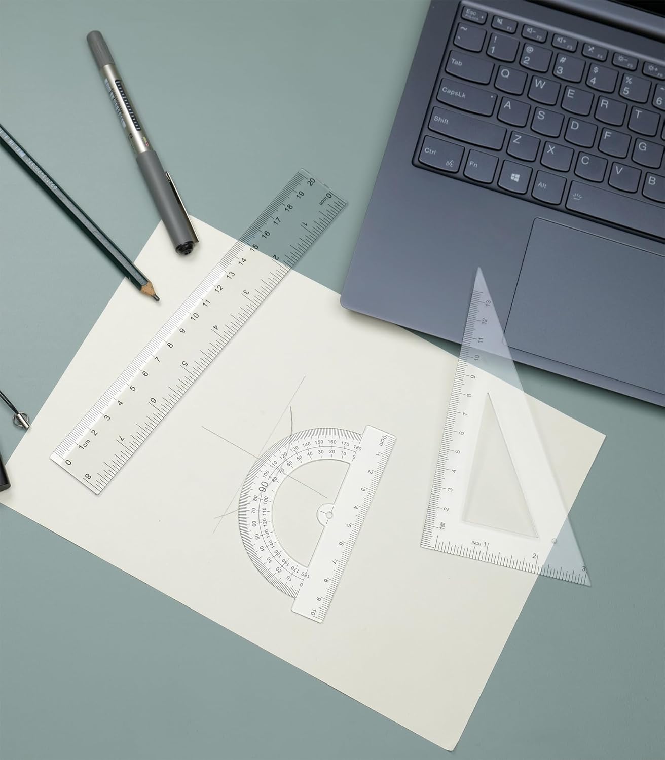 Geometry Set, 6-Piece Clear Plastic Math Ruler, Drafting Ruler Kit Includes Protractor, Triangle Ruler, Straight Ruler-Math Measurement Tools for Students, School and Office Supplies