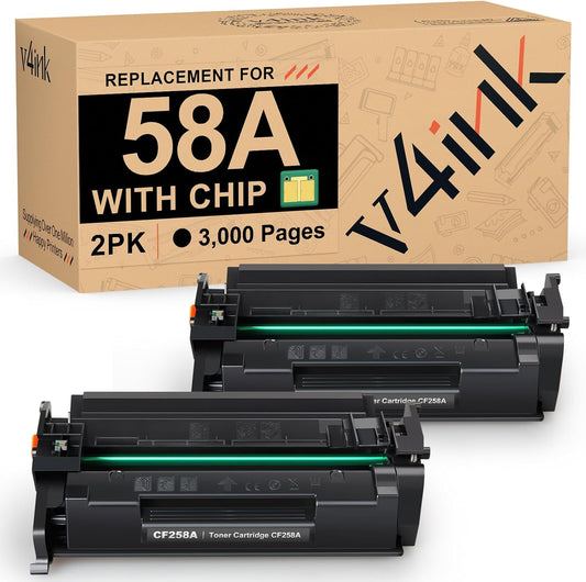 v4ink 58A CF258A Black Toner Cartridge (with Chip) Compatible Replacement for HP 58A 58X CF258A Toner Cartridge for HP Pro MFP M428fdw M428fdn M428dw M404dn M404n M404dw M406dn M430f Printer, 2 Pack