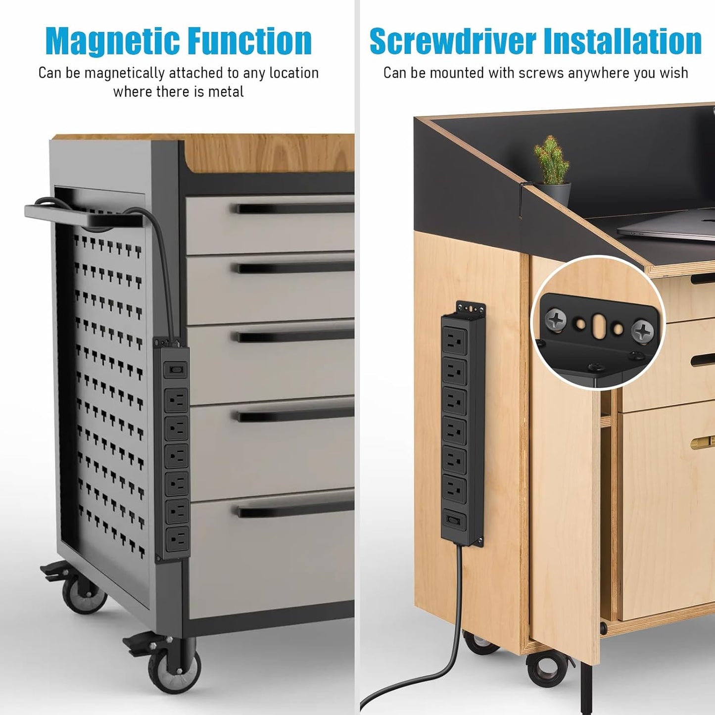 Magnetic Wall Mount Power Strip, Under Desk 6 Outlet Mountable Socket, Metal Long Heavy Duty Surge Protector for Garage, Gaming Table Or Workspace, 15FT Extension Cord.