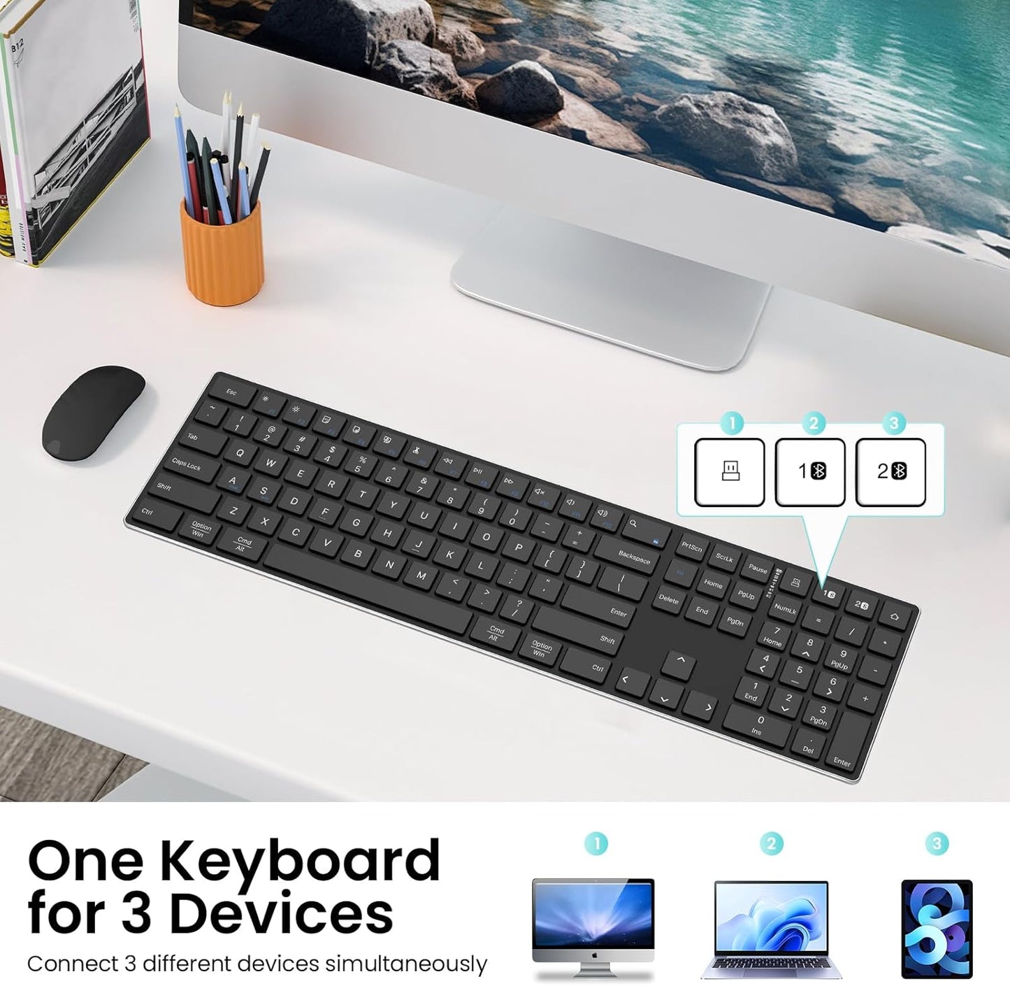 2.4G Wireless and Bluetooth Keyboard with Numeric Keypad, Multi-Device, Rechargeable, Compatible with Mac, Windows (Black)