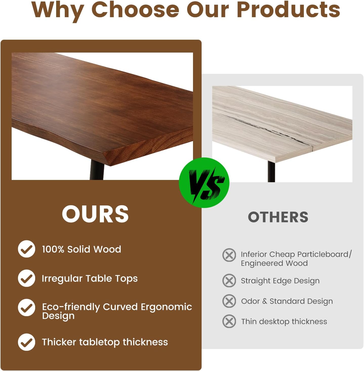 Solid Wood Desk 55 inches, Home Office Computer Desk Wooden Rustic Writing Desk Metal Modern Simple Design Executive Real Wood Desk(Walnut)