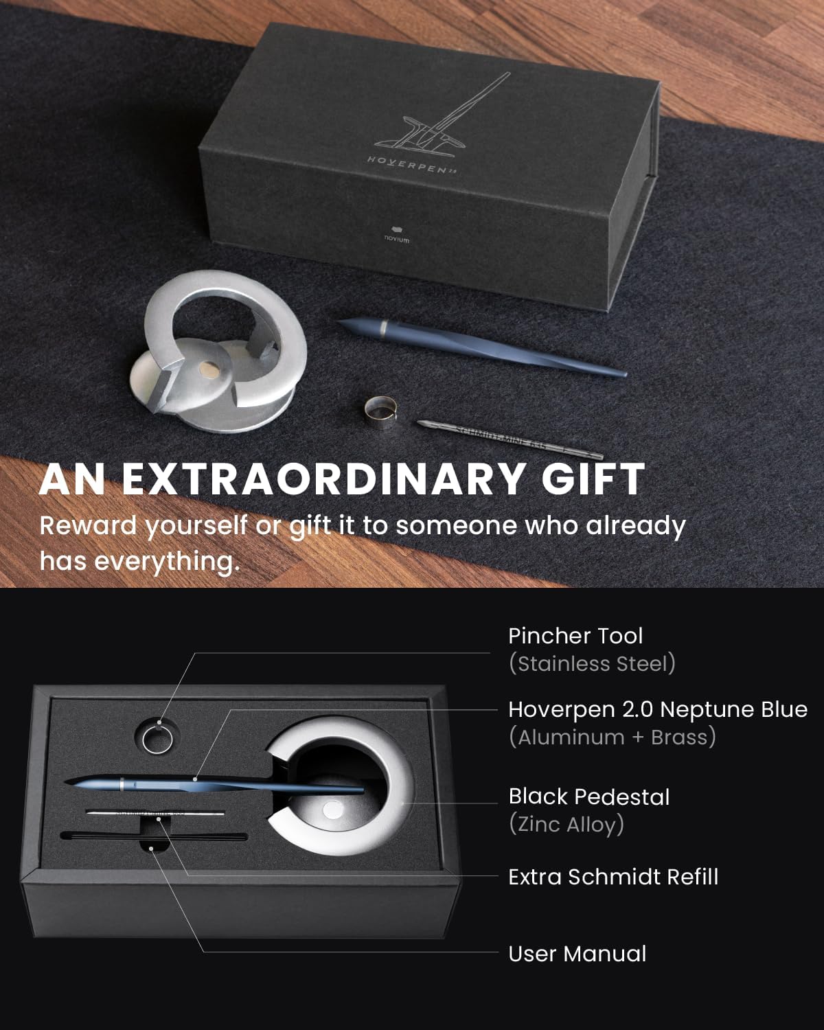 novium Hoverpen Interstellar - Futuristic Luxury Pen Made With Aerospace Alloys, Unique Aesthetic, Free Spinning Executive Pen, Gifts for Men & Women (Neptune Blue)