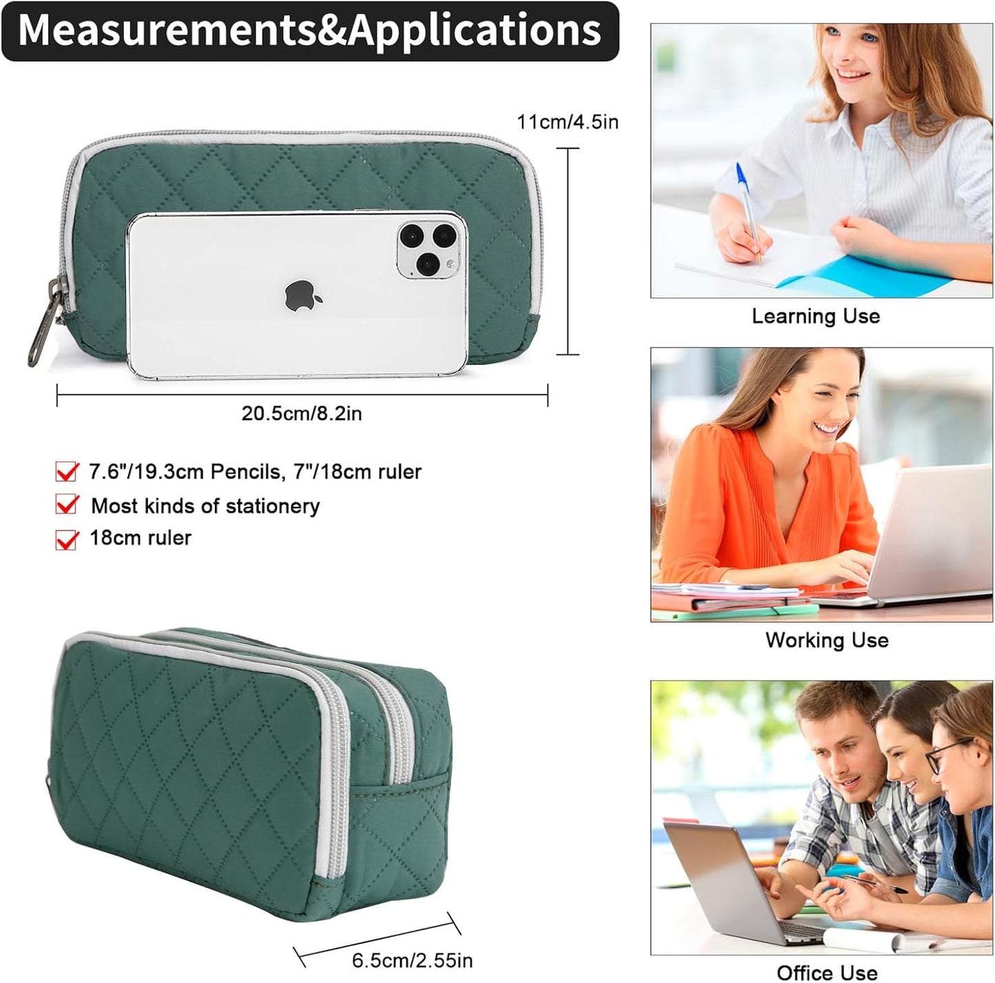 Della Gao Small Pencil Case Large Capacity Pencil Pouch Marker Pen Bag Coin Pouch Office Stationery Organizer (DarkGreen-02RH)