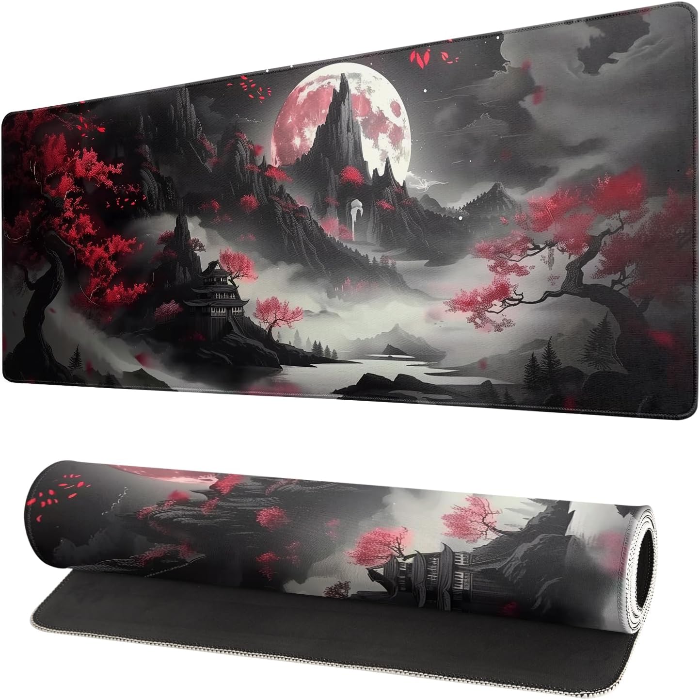 Japanese Desk Mat Red Full Moon Desk Pad Black Riverside Large Mouse Pad Gaming Mousepad Extended XL Keyboard Pad 31.5 x 11.8 in Laptop Computer Mouse Keyboard Mat for Office Desk Decor