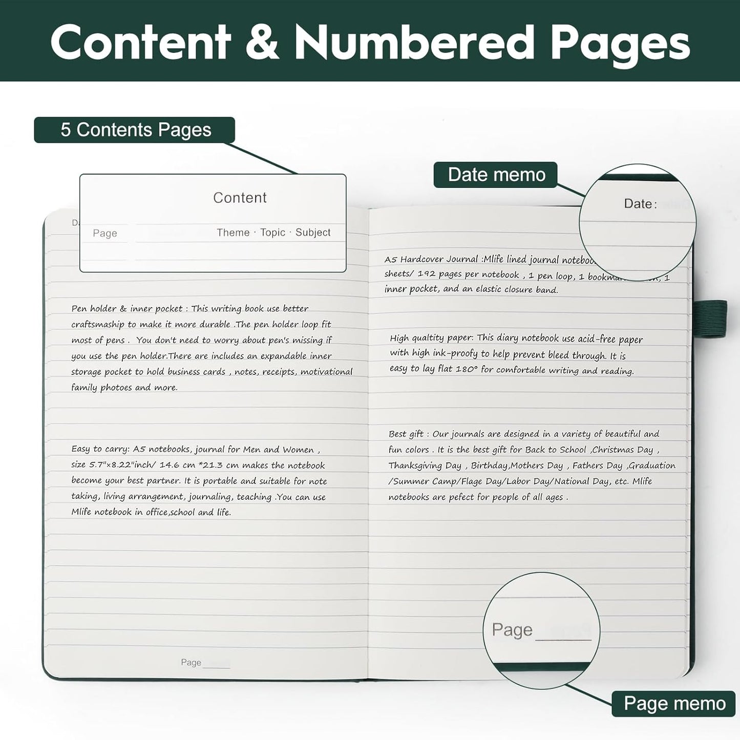 A5 Lined Journal Notebooks for Work, 192 Pages, Medium 5.7 x 8.3inch, College Ruled, Vegan Leather Hardcover Journals for Women Men,1 Pack