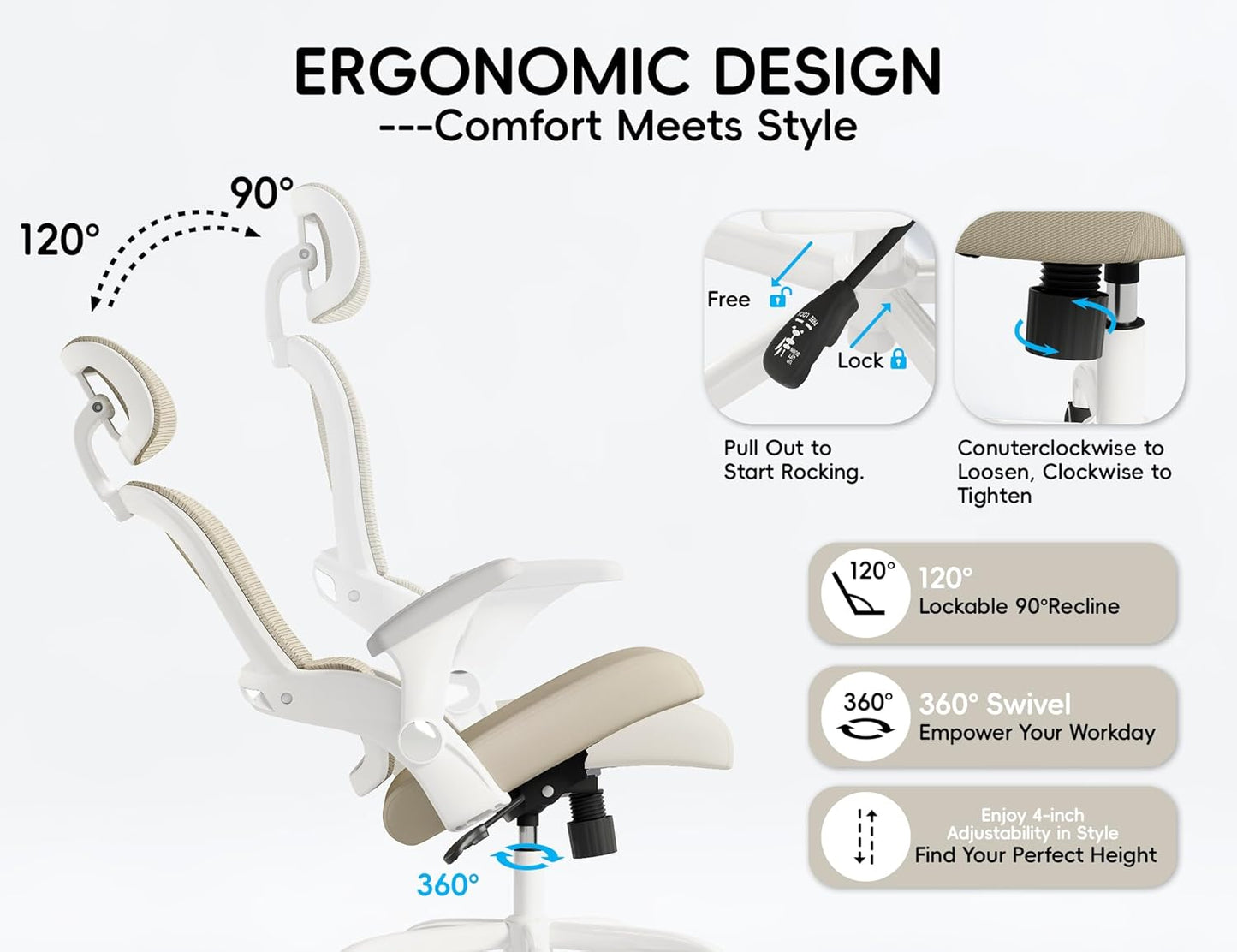 TRALT Office Chair - Ergonomic Office Chair with Back Support, Computer Chair - Home Office Desk Chairs, 330lbs Wide Seat Big and Tall Office Chairs with Headrest, Comfy Desk Chairs (Beige)