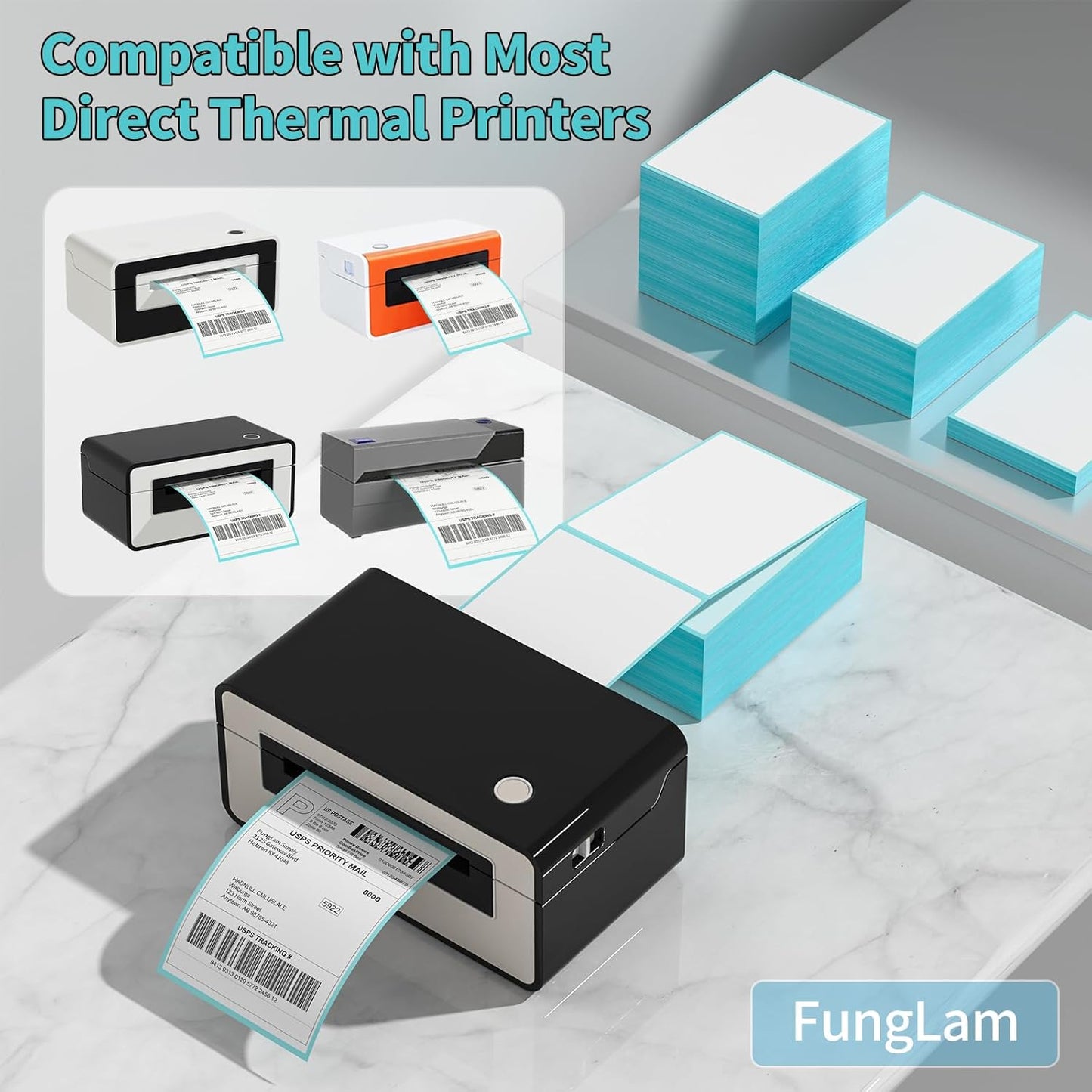 FungLam Direct Thermal Shipping Labels - Pack of 500 4x6 Thermal Labels Fanfold - Perforated and Strong Adhesive