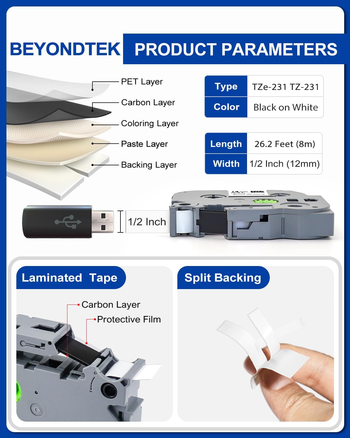 Tze-231 Tzc-231 Work with Brother P Touch Tape Refill PTH110 D210 D220 Tape Refill 12mm 0.47 Laminated White TZ-231 Compatible for Brother Cube H103w 1180 1280 1890 2040,Black on White 8m 26.2ft