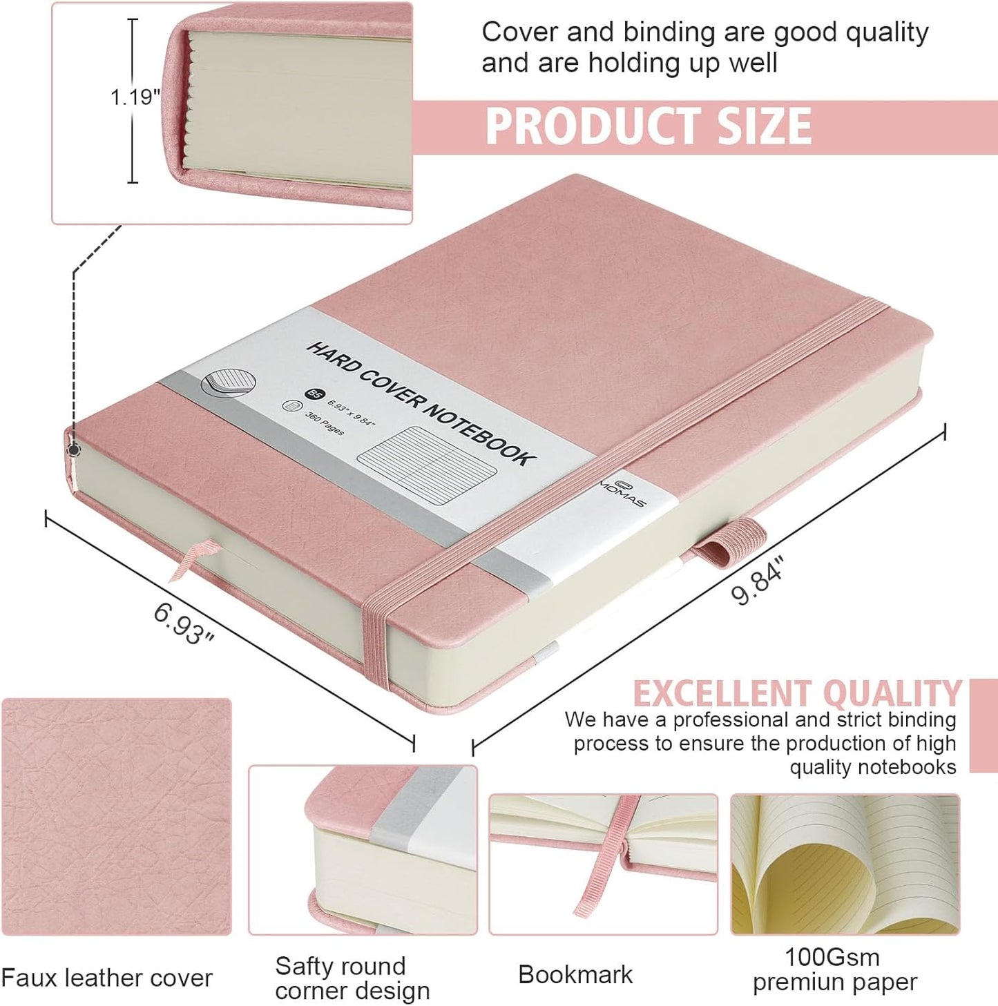 Lined Journal Notebook, 360 Numbered Pages(With page number), Thick Journal for Writing B5 College Ruled Notebook, 100gsm Lined Paper, Leather Hardcover, 9.8'' X 6.9''-Pink