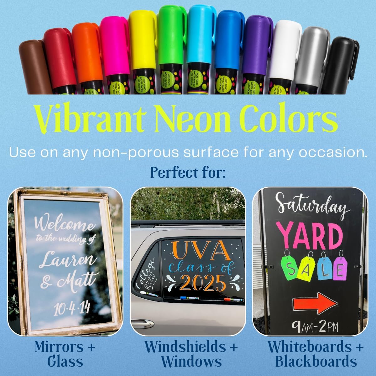 Liquid chalk markers 12 neon erasable Whiteboards, glass boards, chalkboards, windows, mirrors, car windshields, auto, glass. Odorless, non-toxic. Wet or dry erase. Thick and thin tip