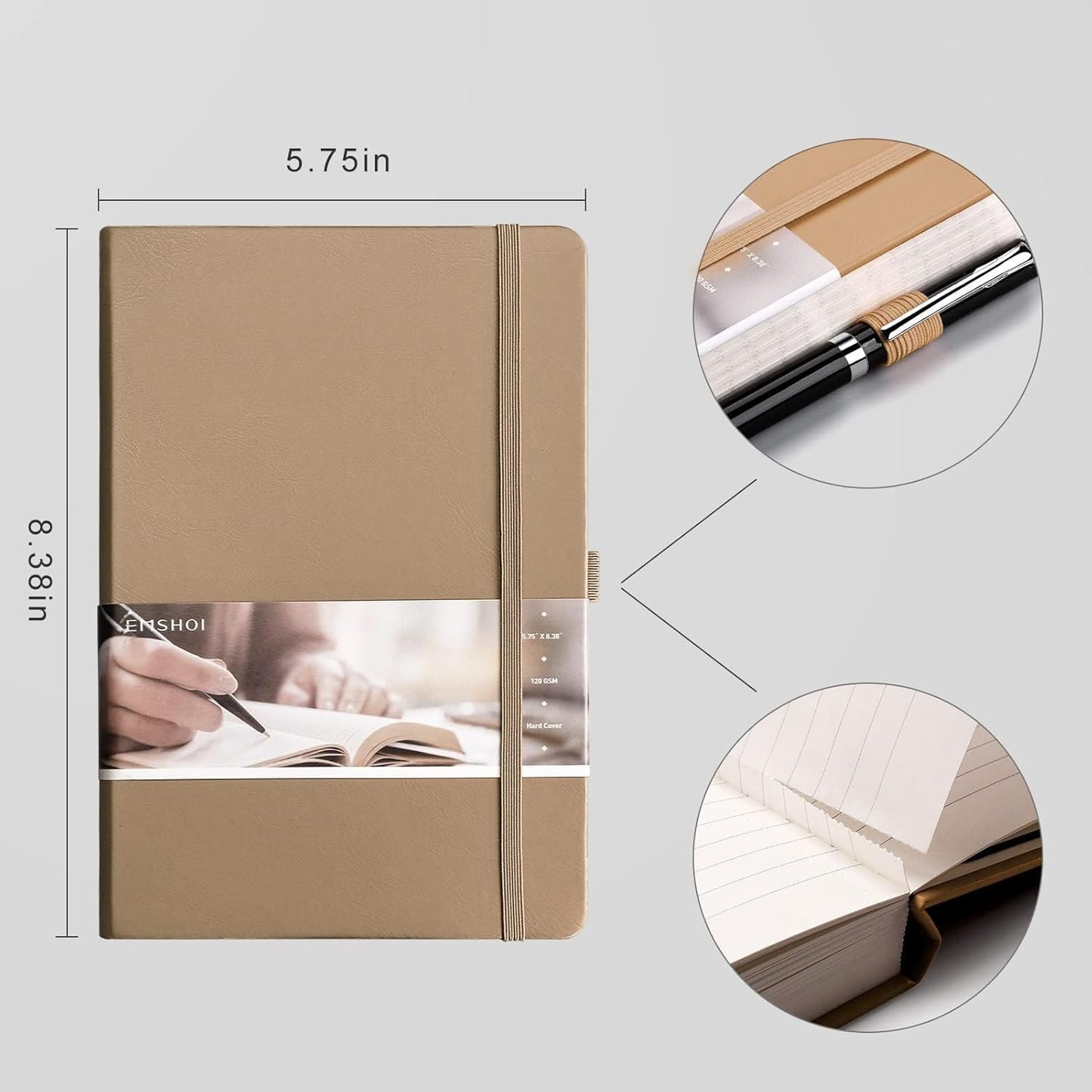 EMSHOI Lined Journaling Notebook - 120gsm Leather Journal with Sticky Notes & 256 Numbered Pages, A5 Hardcover College Ruled Notebook for Work, School, Writing, 5.75”x8.38” - Khaki
